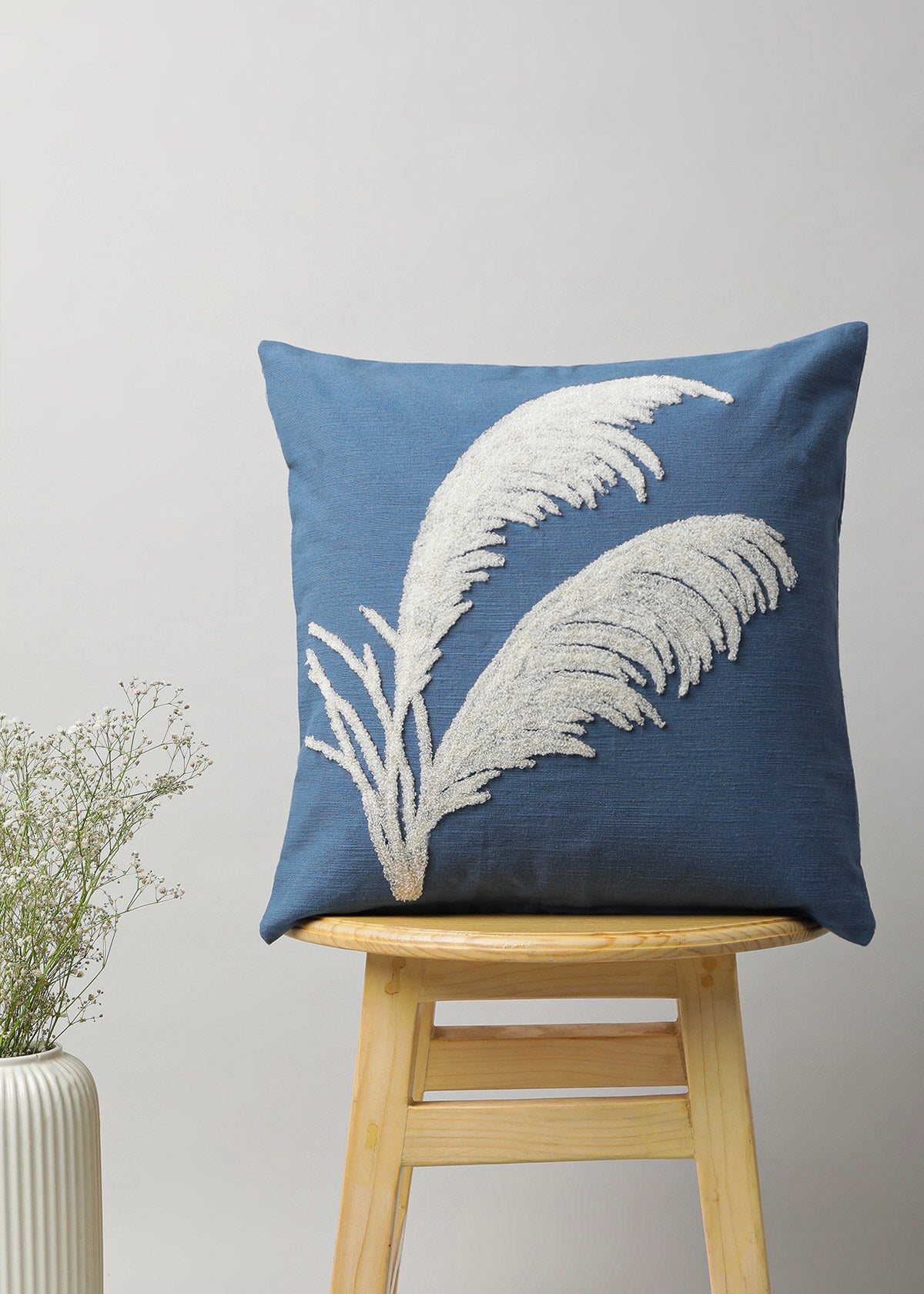 Pampas Grass 100% cotton embroidered cushion cover for sofa - Blue