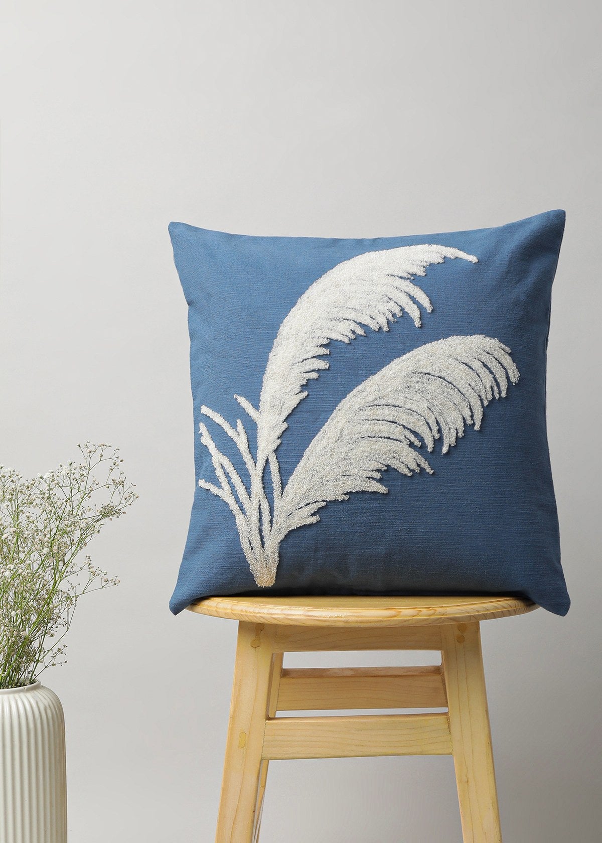 Pampas Grass Printed Cotton Cushion Cover - Blue