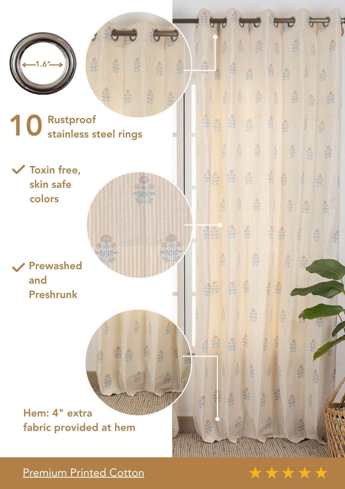 Peony Cream Floral Printed 100% Cotton Curtain For Living Room | Light Reduction | Single Piece