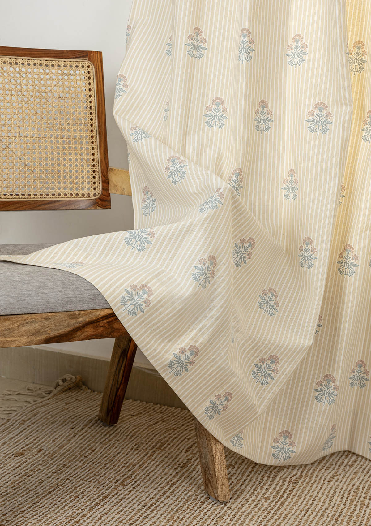Peony Cream Floral Printed 100% Cotton Curtain For Living Room | Light Reduction | Single Piece