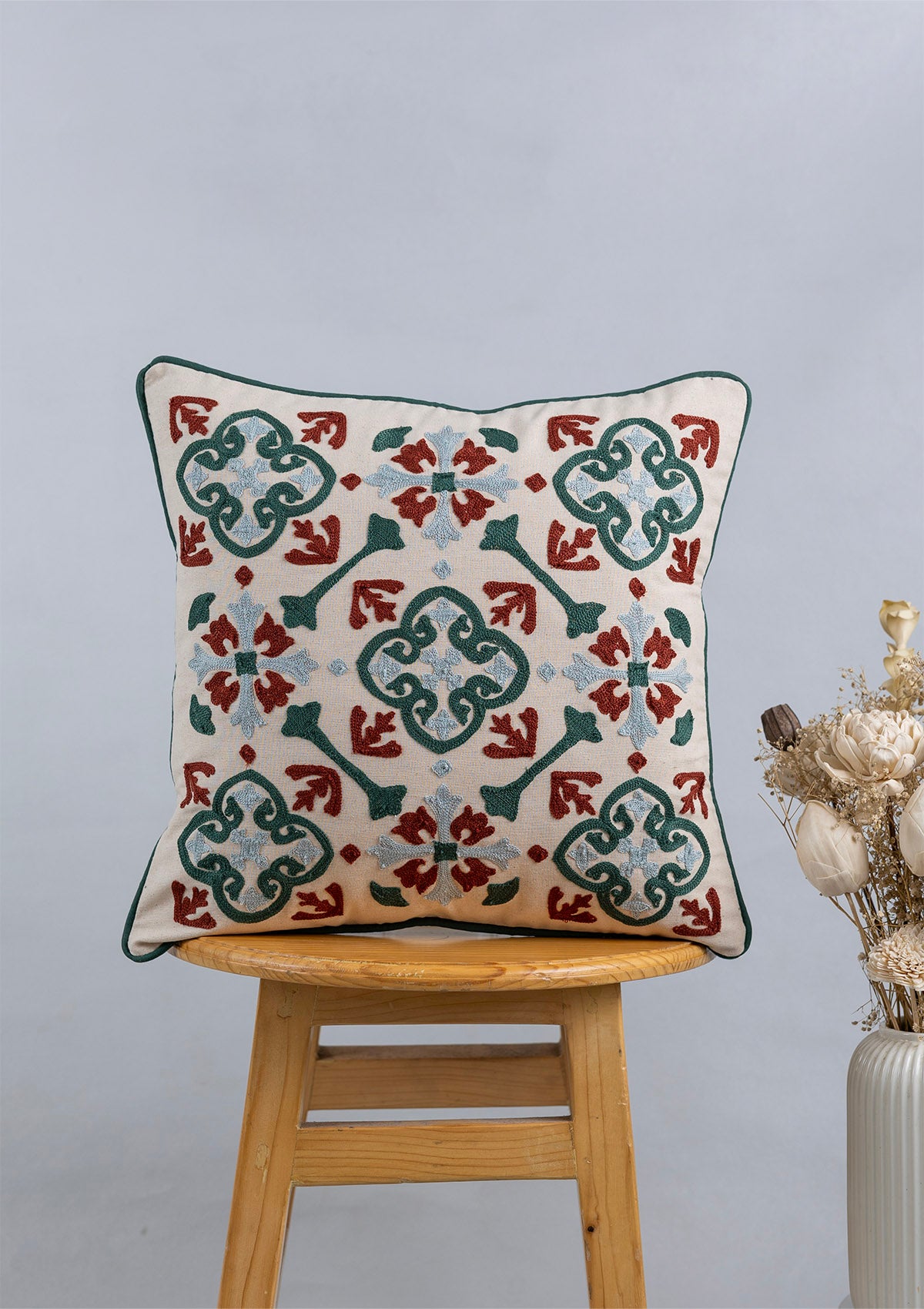 Peridot Embroidered & Garnet Printed 100% Cotton Cushion Covers for Sofa - Red and Green - Pack of 2