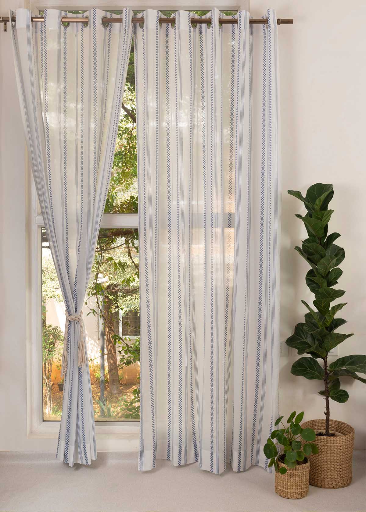 Picket Fence Printed Sheer Curtain - Royal Blue
