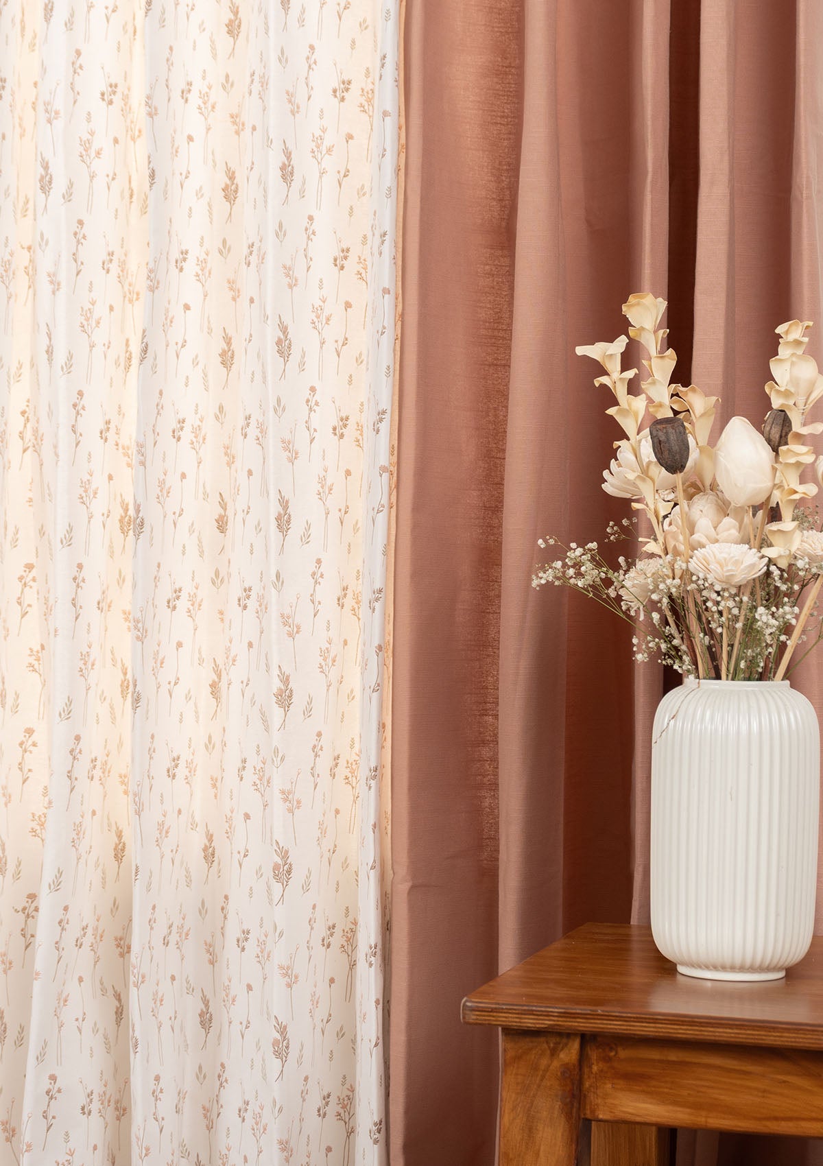 Solid Mahogany Room-Darkening & Breeze Orange Floral Light-Reducing - 100% Cotton Curtains for Living Room & Bedroom - Pack of 4