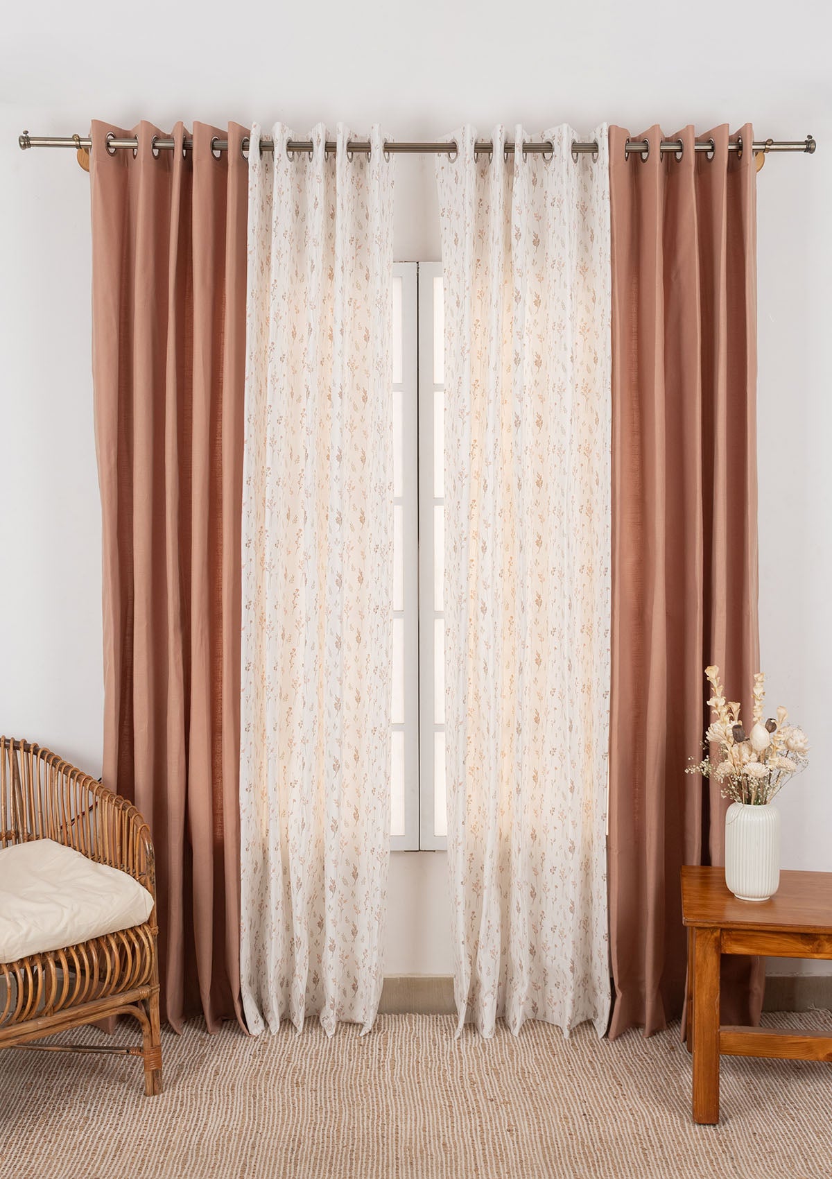 Solid Mahogany Room-Darkening & Breeze Orange Floral Light-Reducing - 100% Cotton Curtains for Living Room & Bedroom - Pack of 4