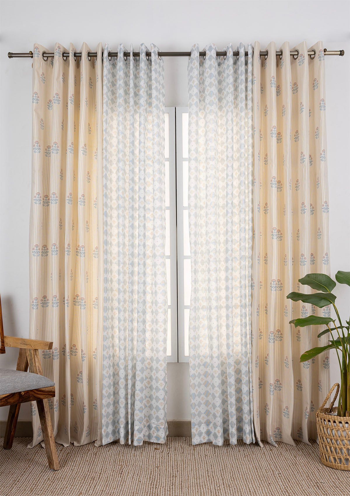 Peony Printed Light Reduction & Arden Printed Sheer Light Reduction | 100% Cotton for Living Room & Bedroom | Floral & Geometric | Cream & Teal | Combo Curtains | Pack of 4