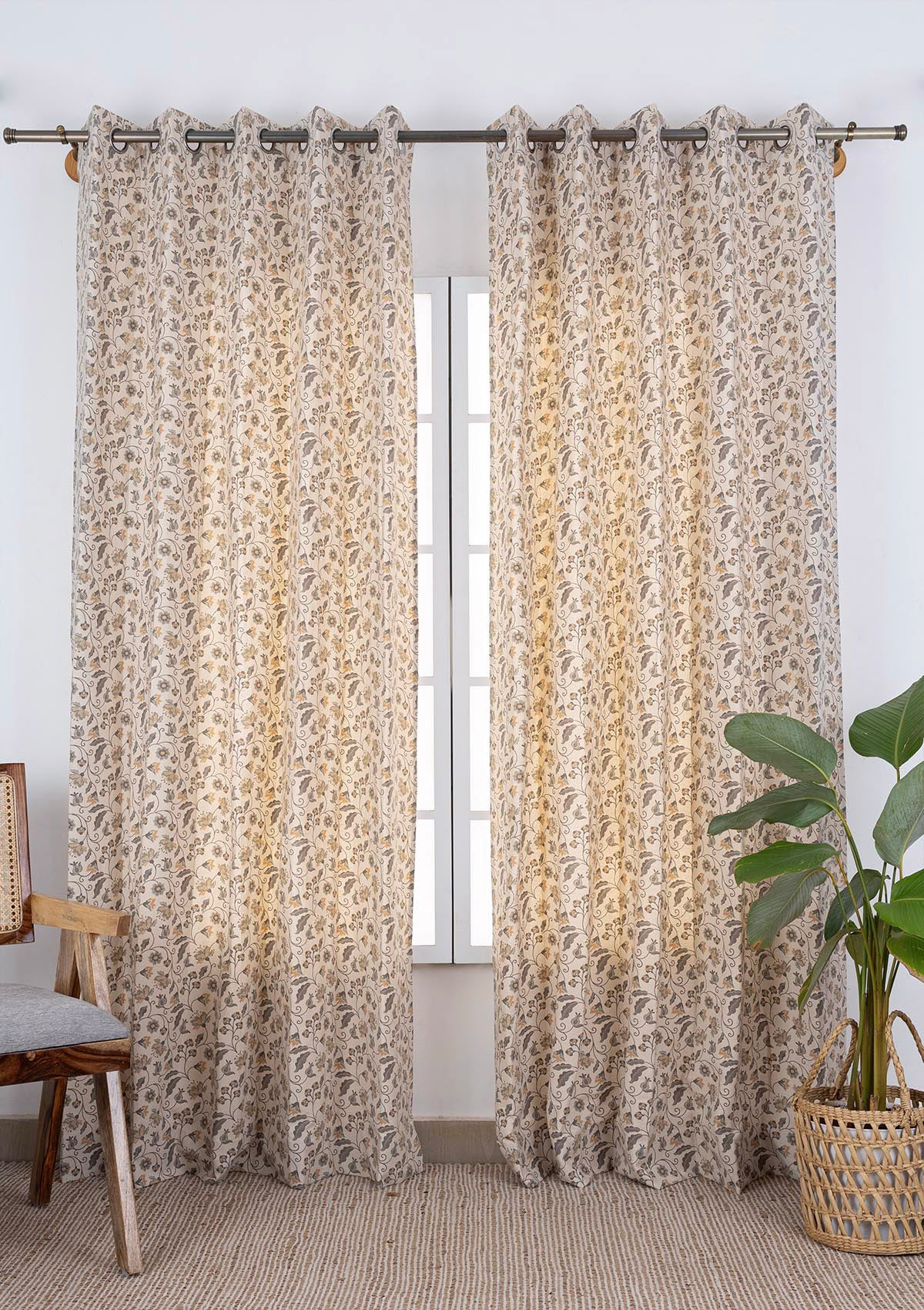 Pomera Printed Light Reduction & Juniper Printed Sheer Light Reduction | Combo Curtains |100% Cotton for Living Room & Bedroom | Floral | Grey & Green | Combo Curtains | Pack of 4