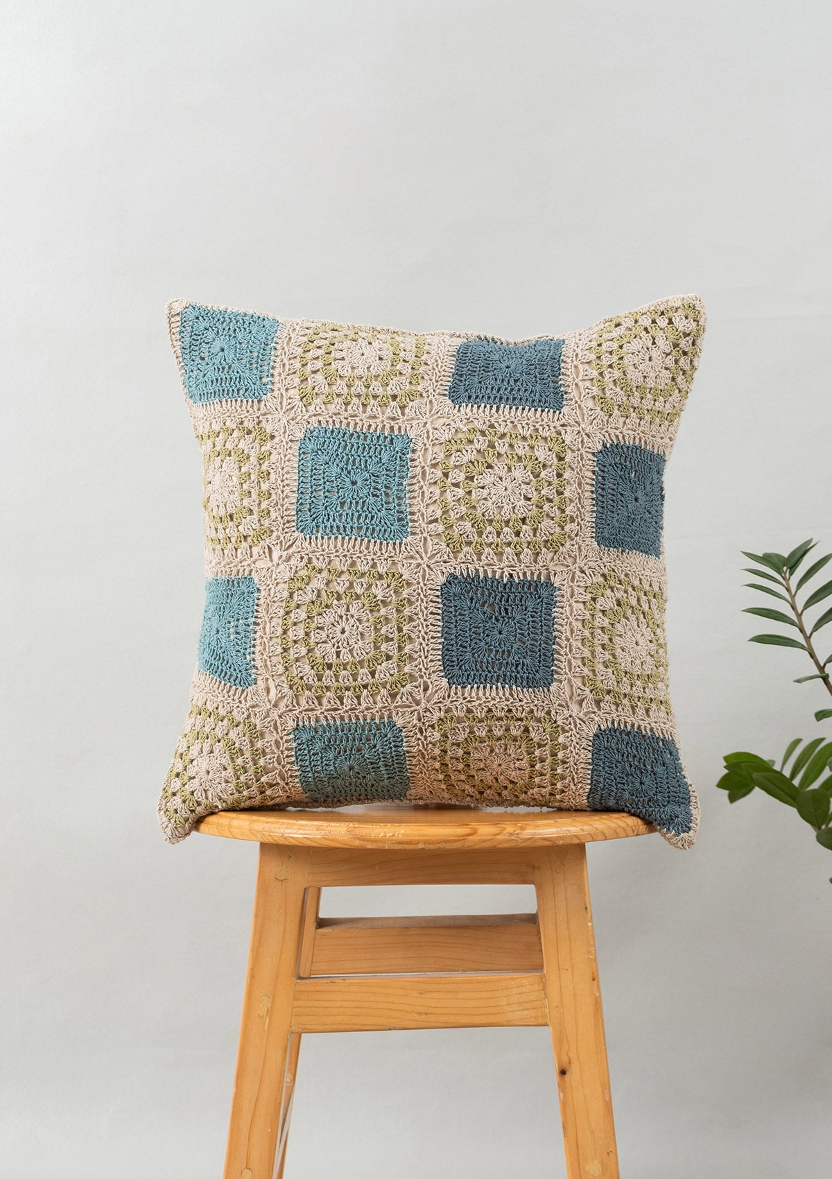 Prism Geometric Crochet & Whisper Flower Motif Linen Cushion Covers for Sofa - Blue Pack of 2