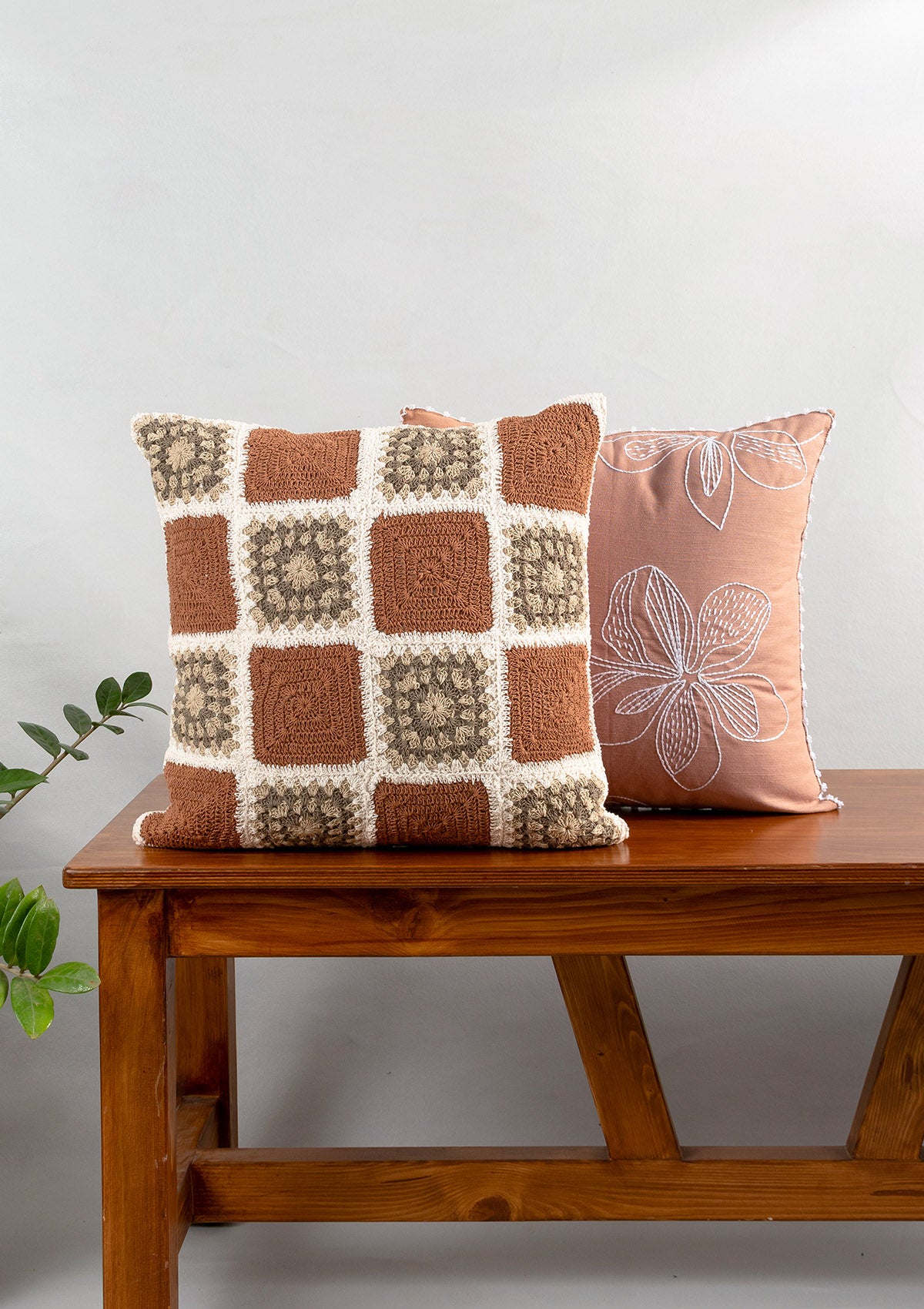 Prism Crochet Geometric Fusion Rust & Embrose Embroidered Floral Design Rust 100% Cotton Cushion Covers for Sofa - Pack of 2