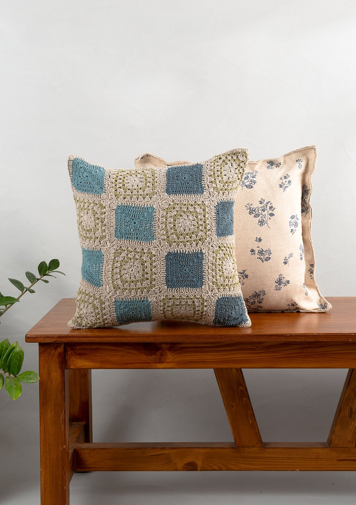 Prism Geometric Crochet & Whisper Flower Motif Linen Cushion Covers for Sofa - Blue Pack of 2