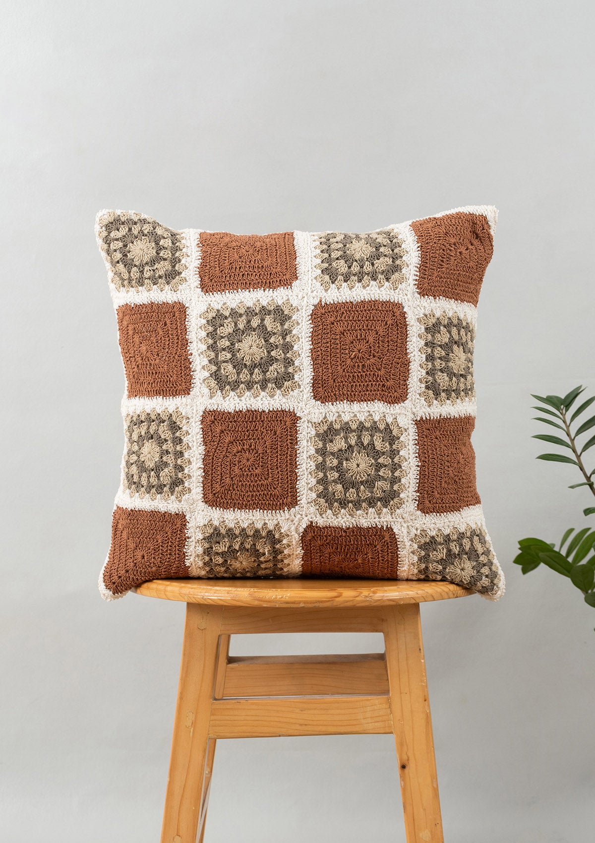 Prism Crochet Geometric Fusion Rust & Embrose Embroidered Floral Design Rust 100% Cotton Cushion Covers for Sofa - Pack of 2