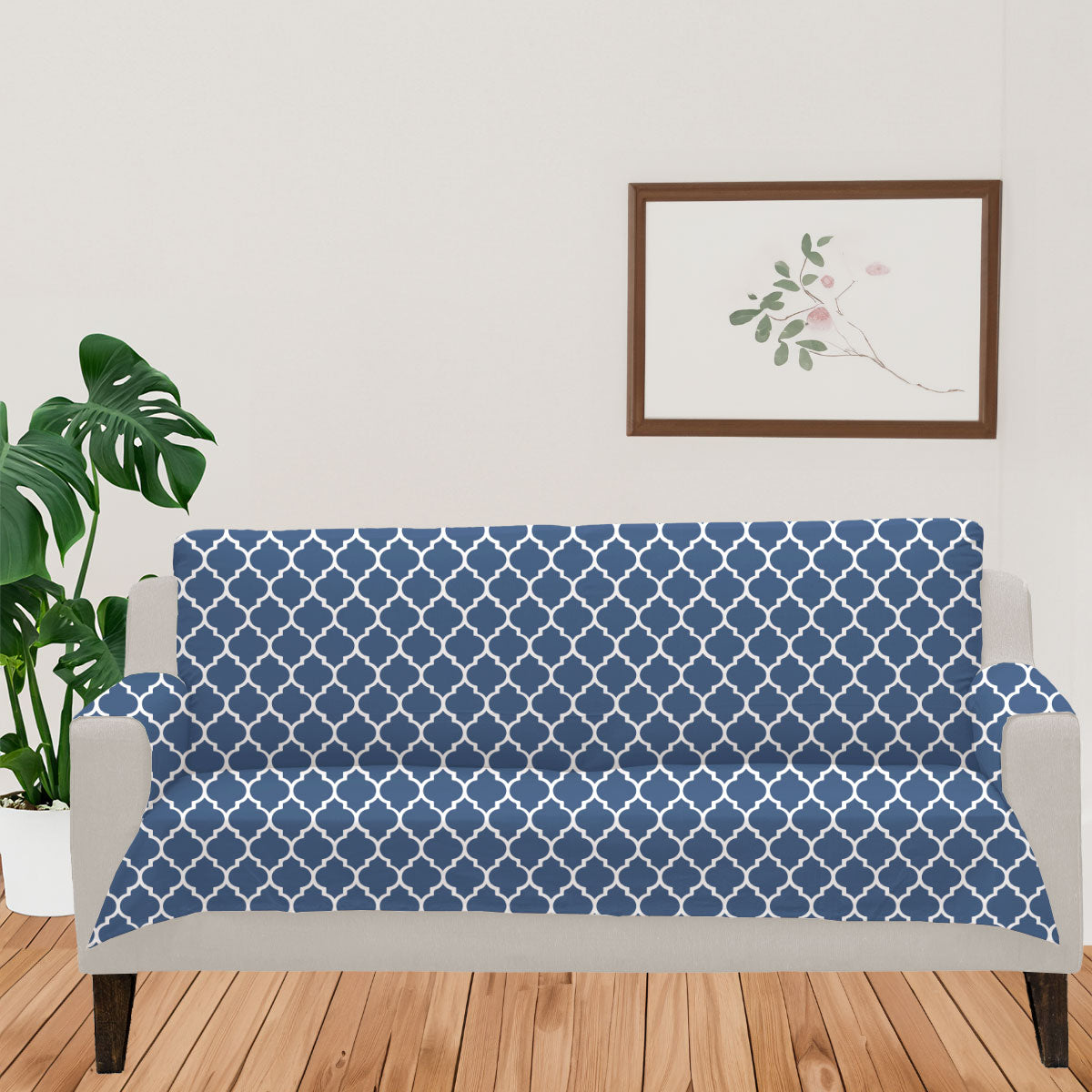 Reverse Trellis 100% Cotton geometric Sofa cover - Royal Blue
