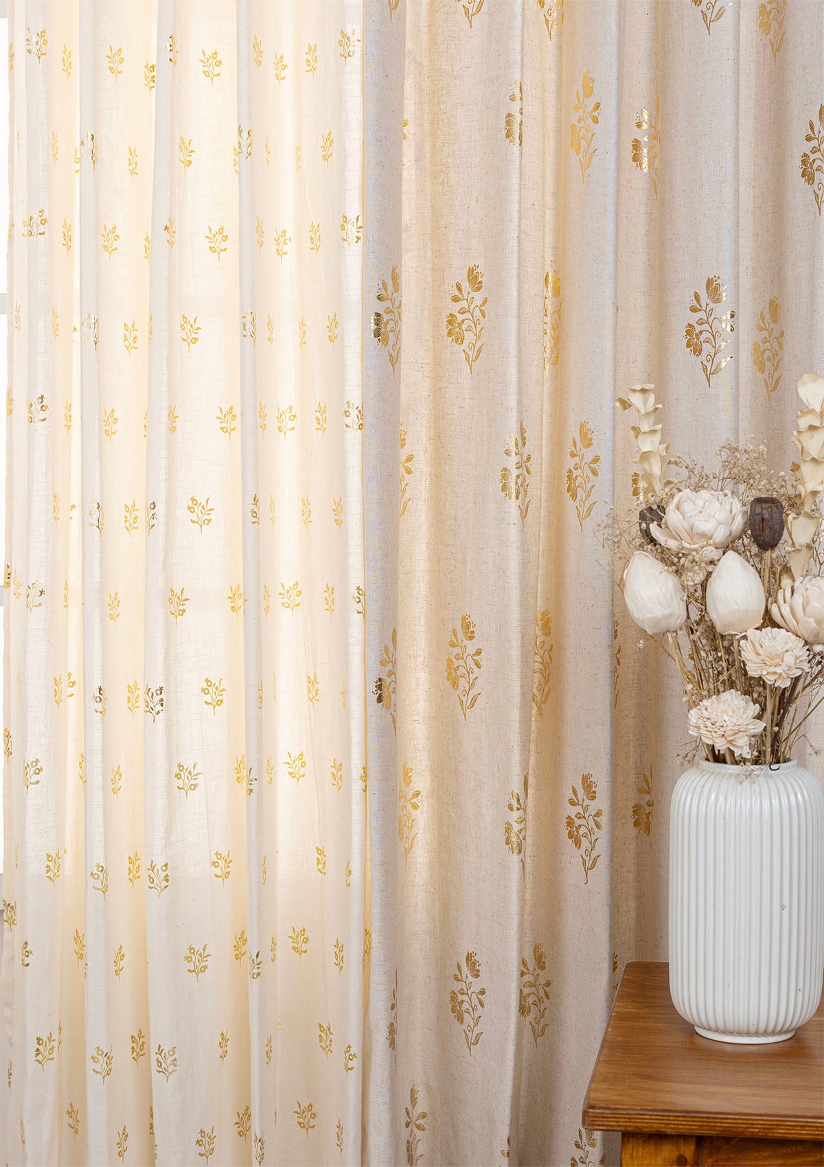 Roha Gold Printed Linen Light Reduction Curtain & Induja Gold Printed Sheer - 100% Cotton for Living Room & Bedroom - Pack of 4