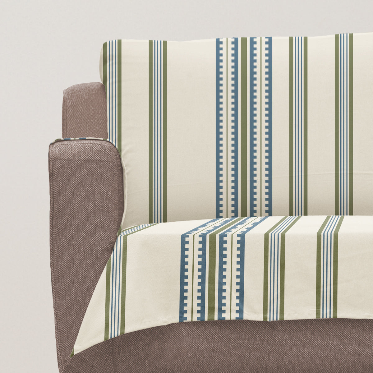Roman Stripes 100% Cotton geometric Sofa cover - Pepper Green and Night Blue