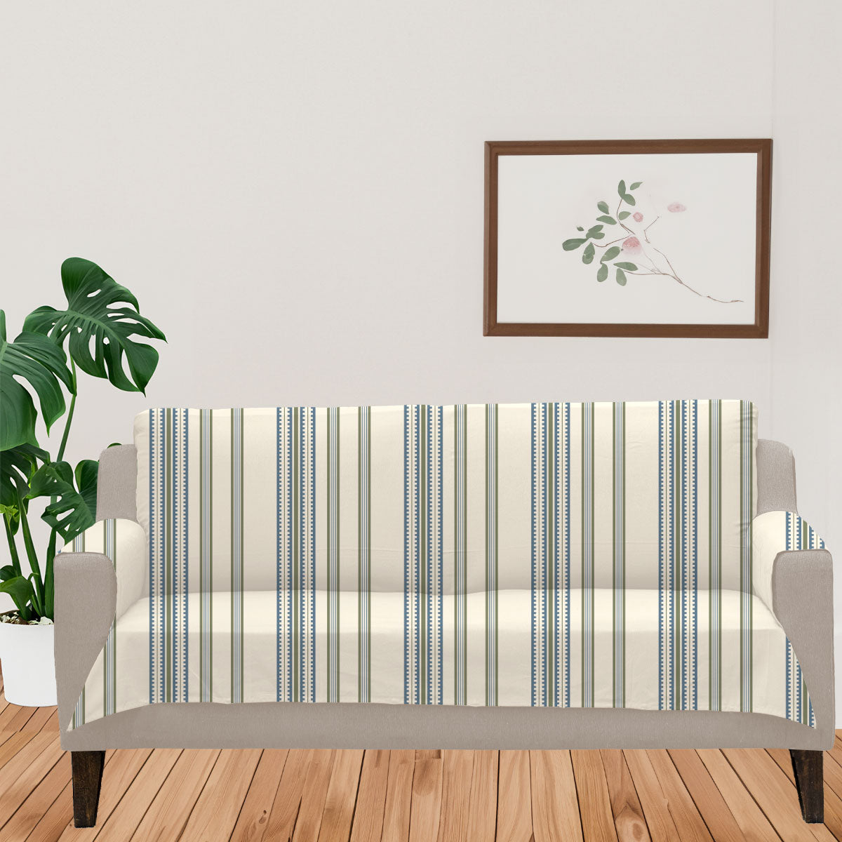 Roman Stripes 100% Cotton geometric Sofa cover - Pepper Green and Night Blue