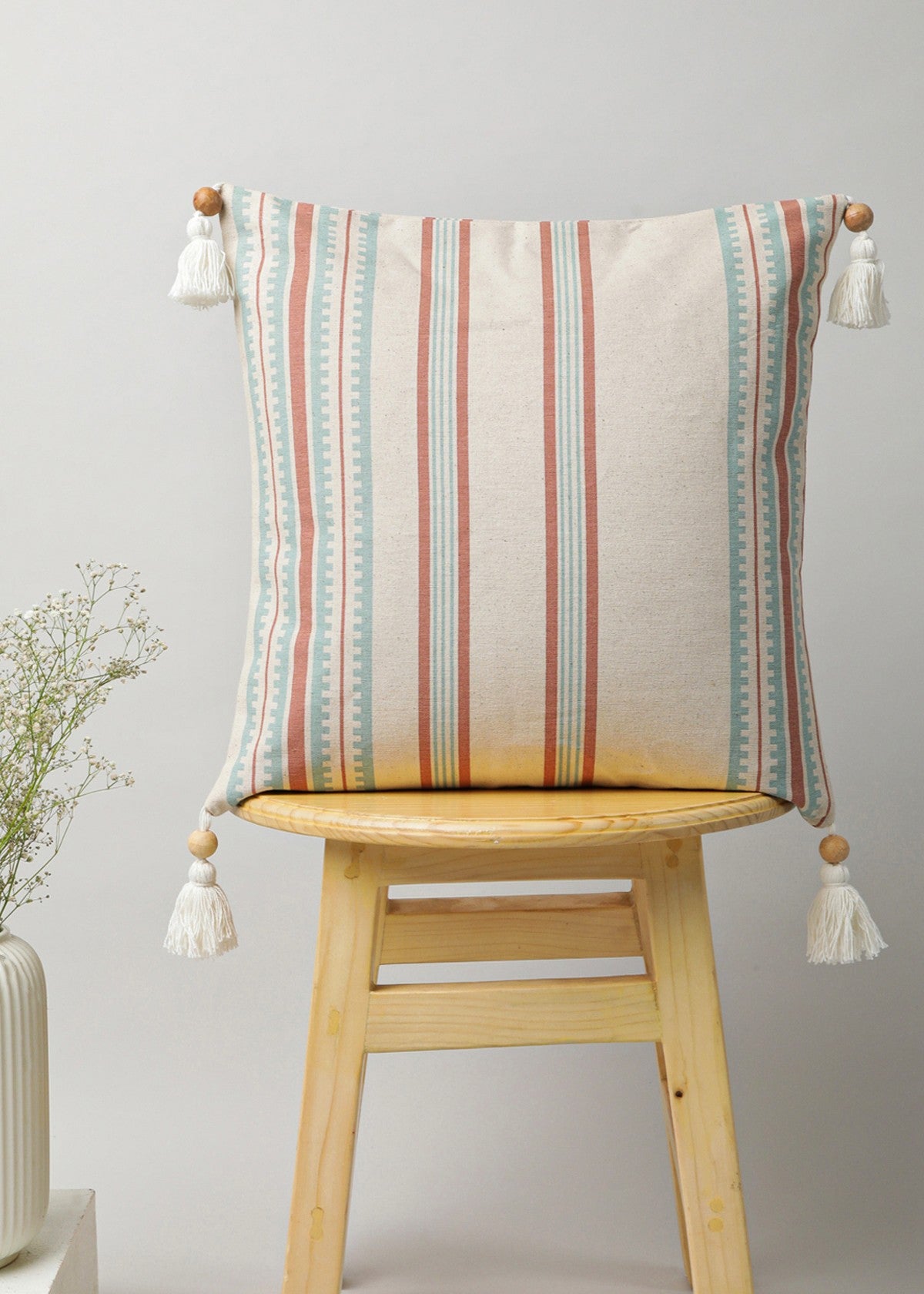 Roman stripes 100% cotton customizable geometric cushion cover for sofa - Rust and Nile blue