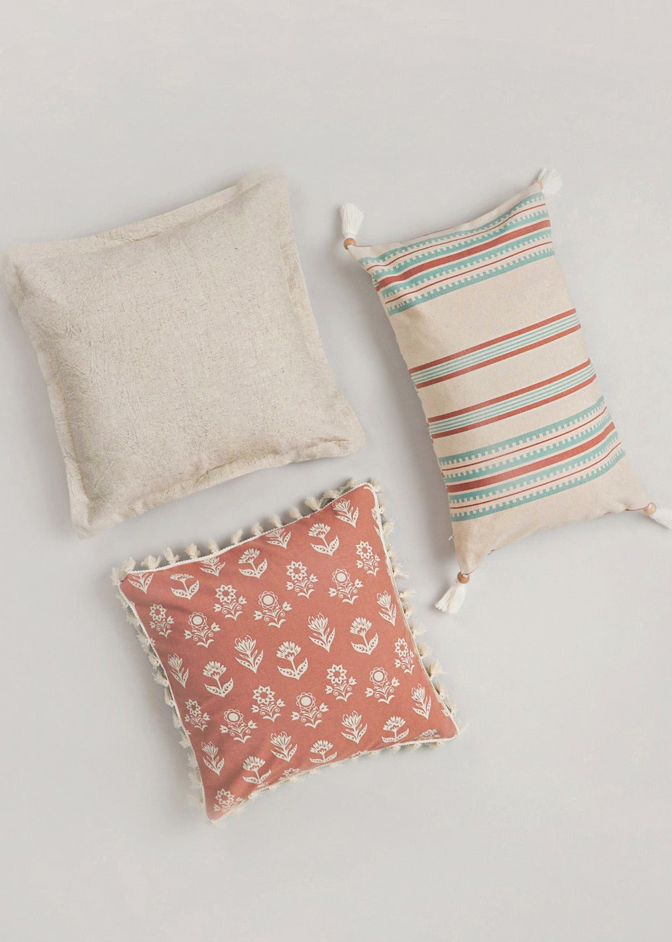 Roman Stripe Lumbar, Linen Solid 16" , Dahlia Rust 16" Set Of 3 Combo Cotton Cushion Cover - Rust And Beige