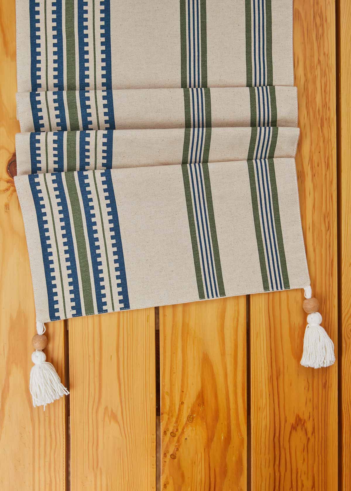 Roman Stripes Printed Cotton Table Runner - Pepper Green and Night Blue