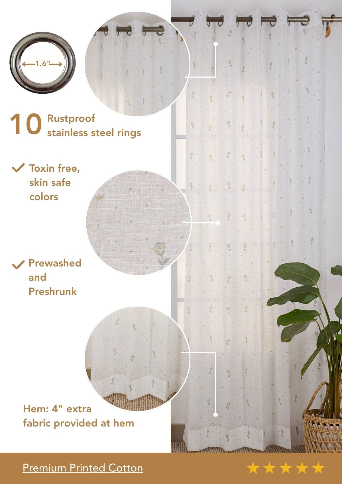 Roselle Sage Green Floral Printed 100% Cotton Sheer Curtain For Living Room | Light Reduction | Single Piece