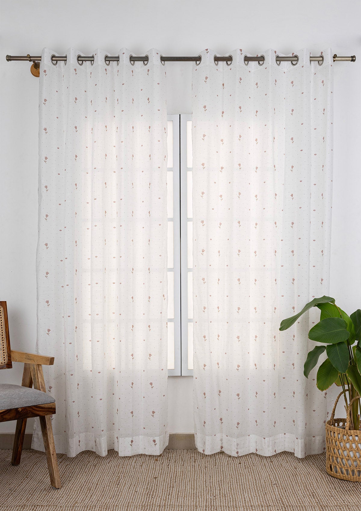 Elba Embroidered Trim Room Darkening & Roselle Printed Sheer Light Reduction | 100% Cotton for Living Room & Bedroom | Floral | Rust & Pink | Combo Curtains | Pack of 4