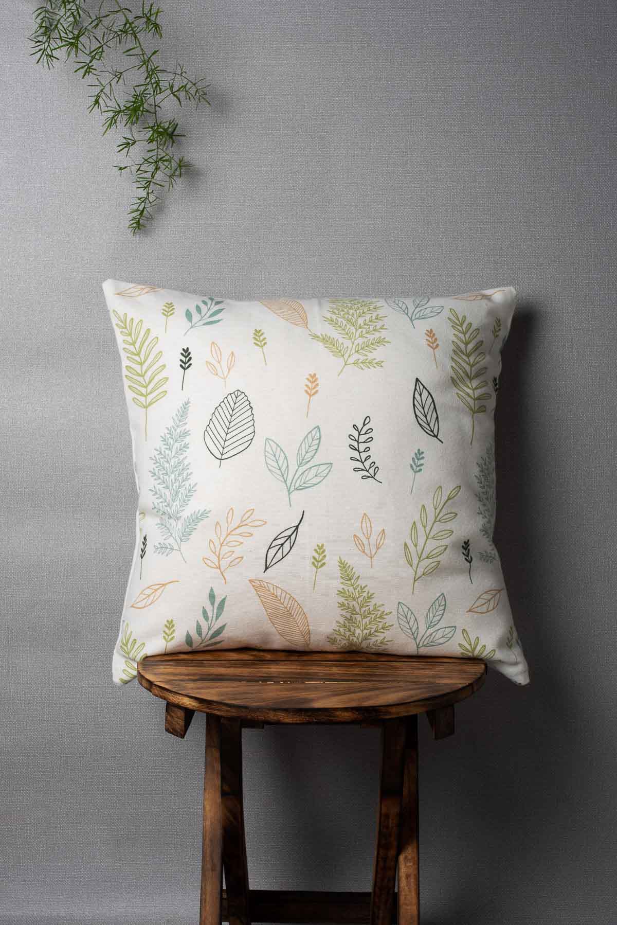 Rustling Leaves Printed Cotton Cushion Cover - Green