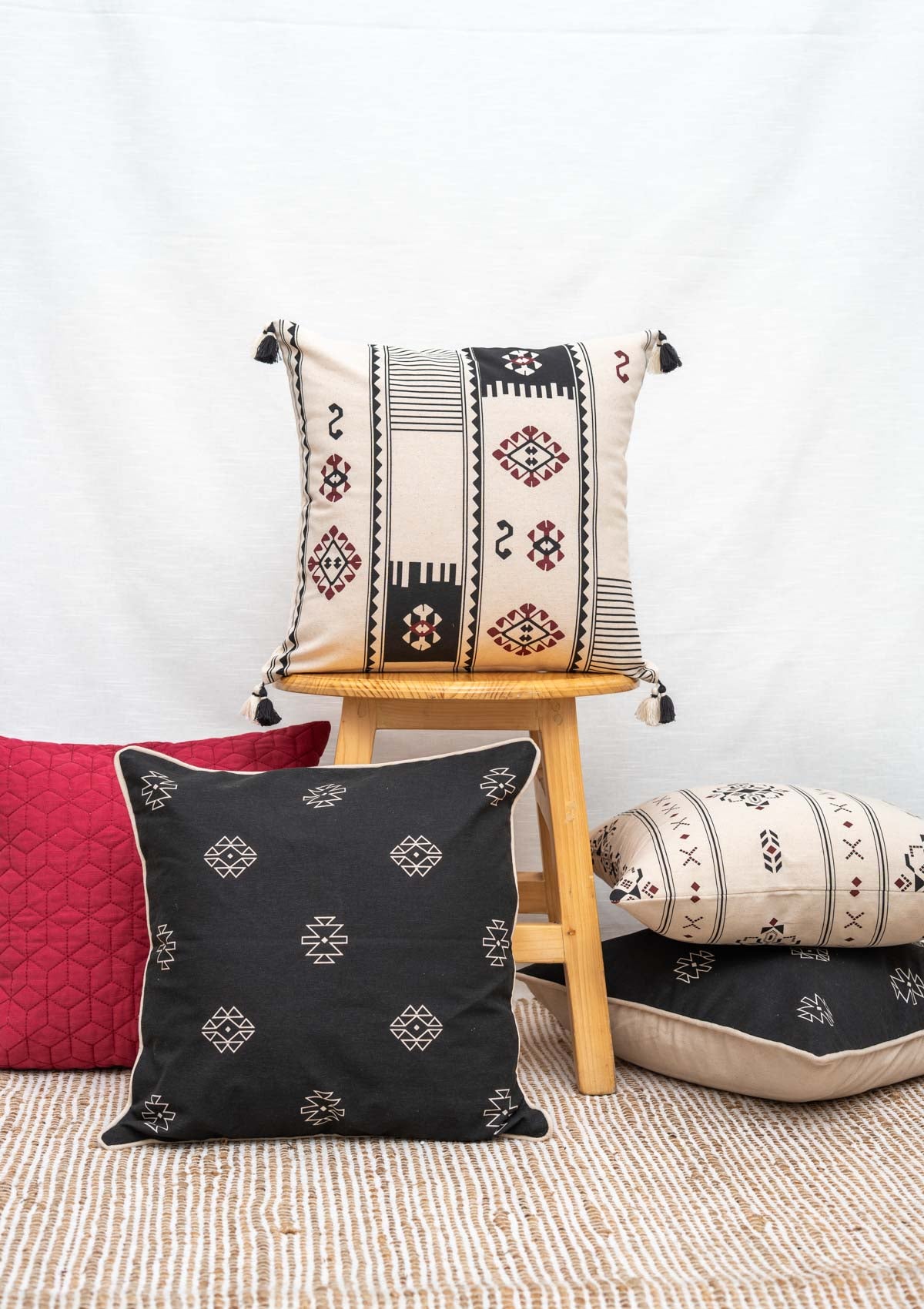Folk 100% cotton boho geometric cushion cover combo set for sofa- Black and off- white