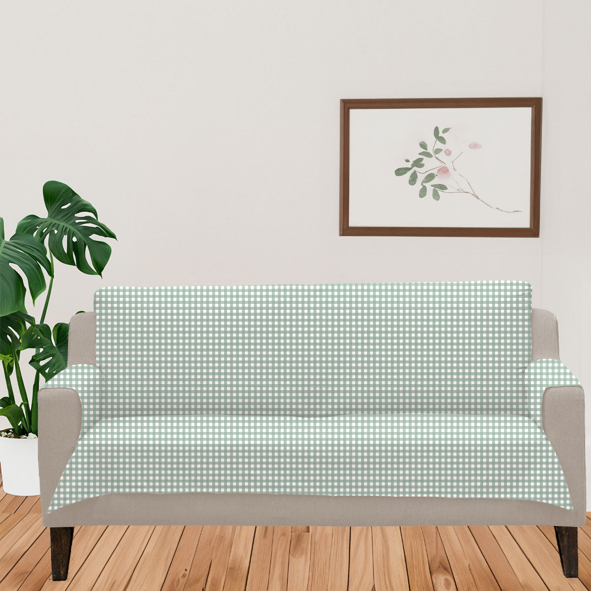 Gingham 100% Cotton Geometric Sofa cover - Sage Green