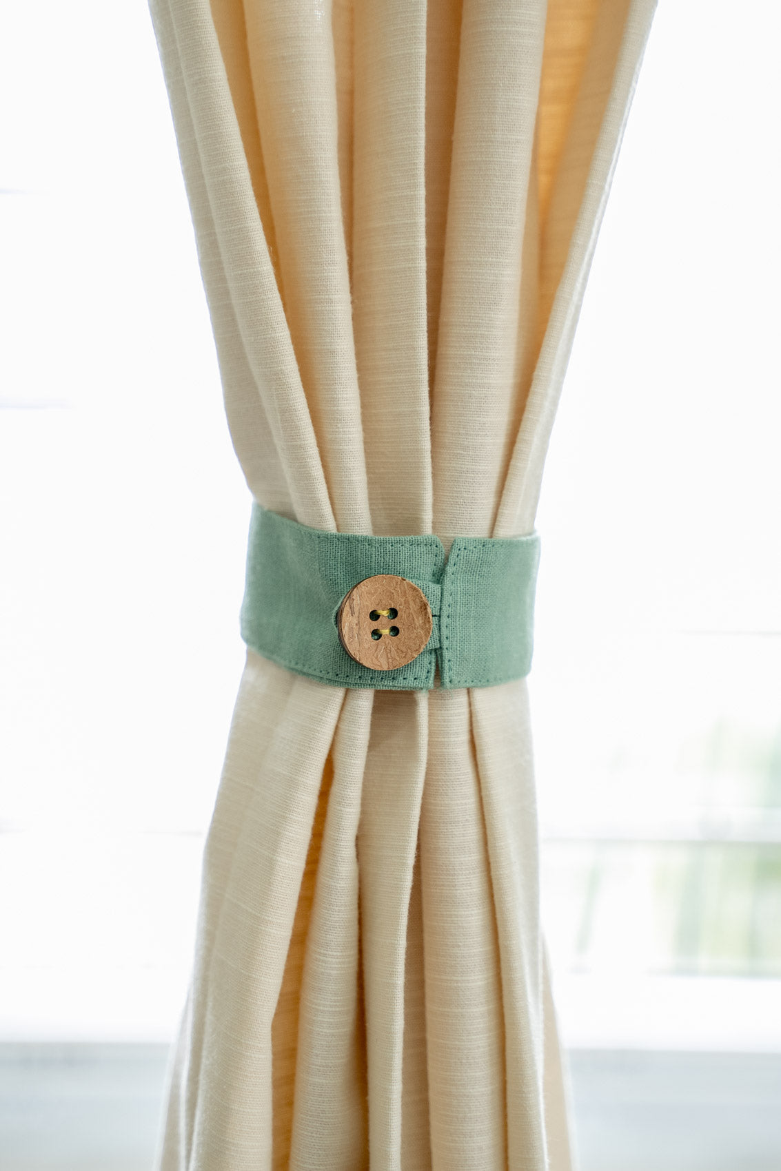 Sage Green Solid 100% Cotton curtain tie back with coconut shell button - Pack of 2