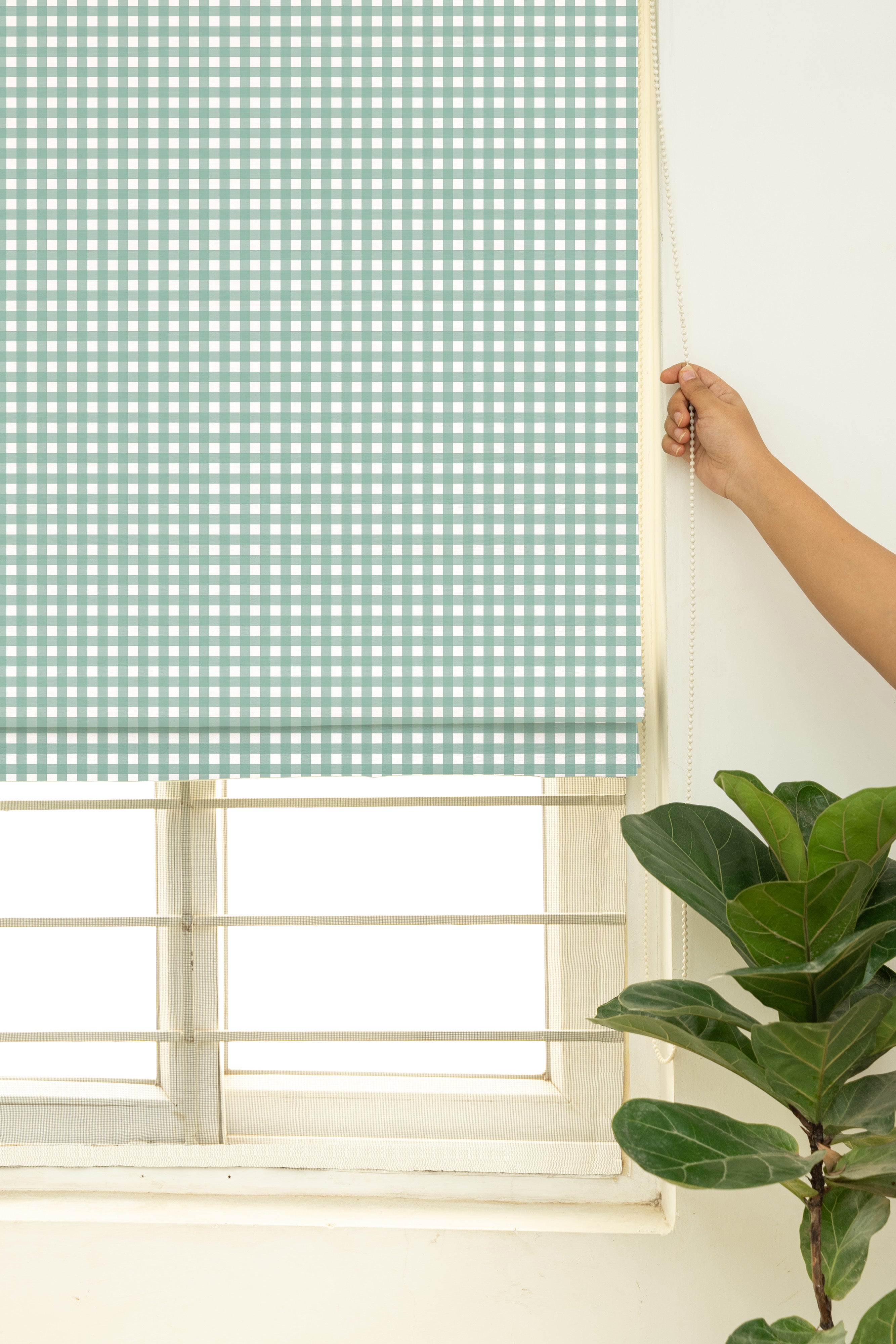 Gingham Woven 100% Customizable cotton geometric blind for living room - Room darkening - Sage Green