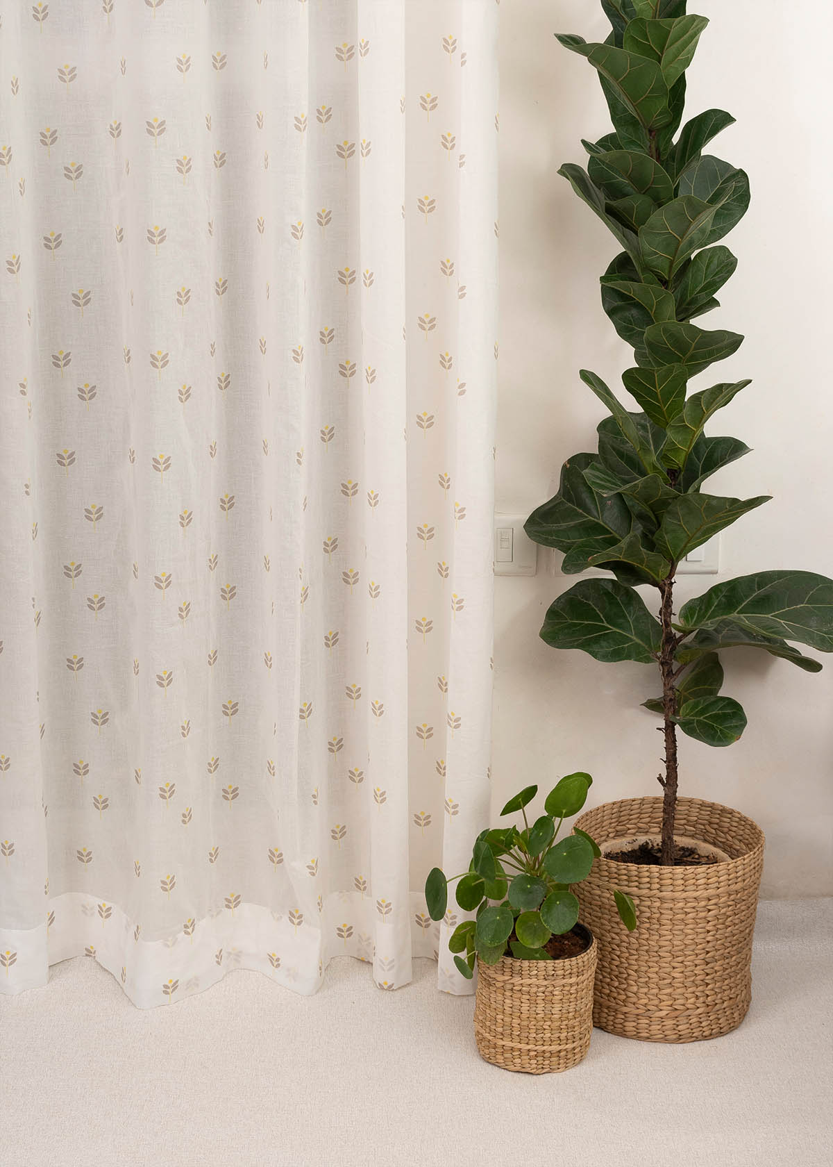 Sapling Printed Sheer Curtain - Yellow- Single