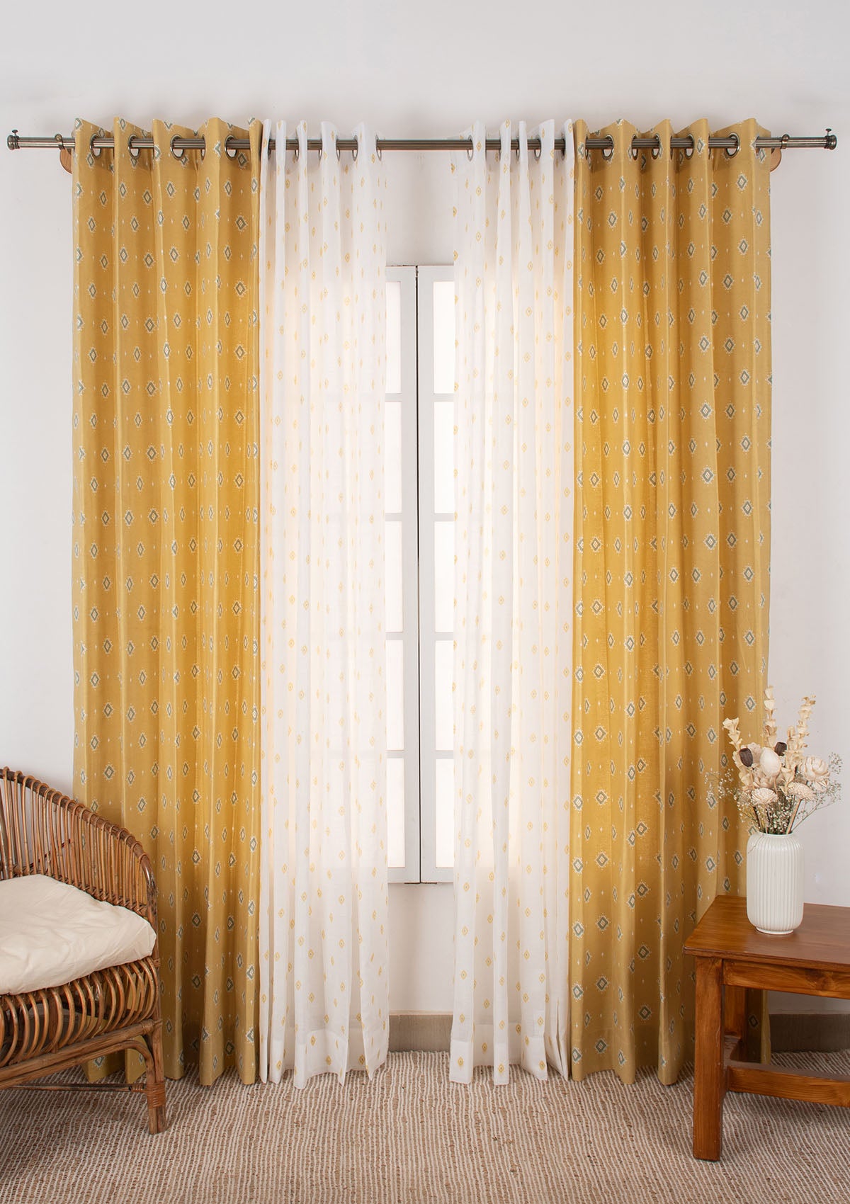 Sienna Room-Darkening Geometric & Noor Minimal Sheer Yellow - 100% Cotton Curtains for Living Room & Bedroom - Pack of 4