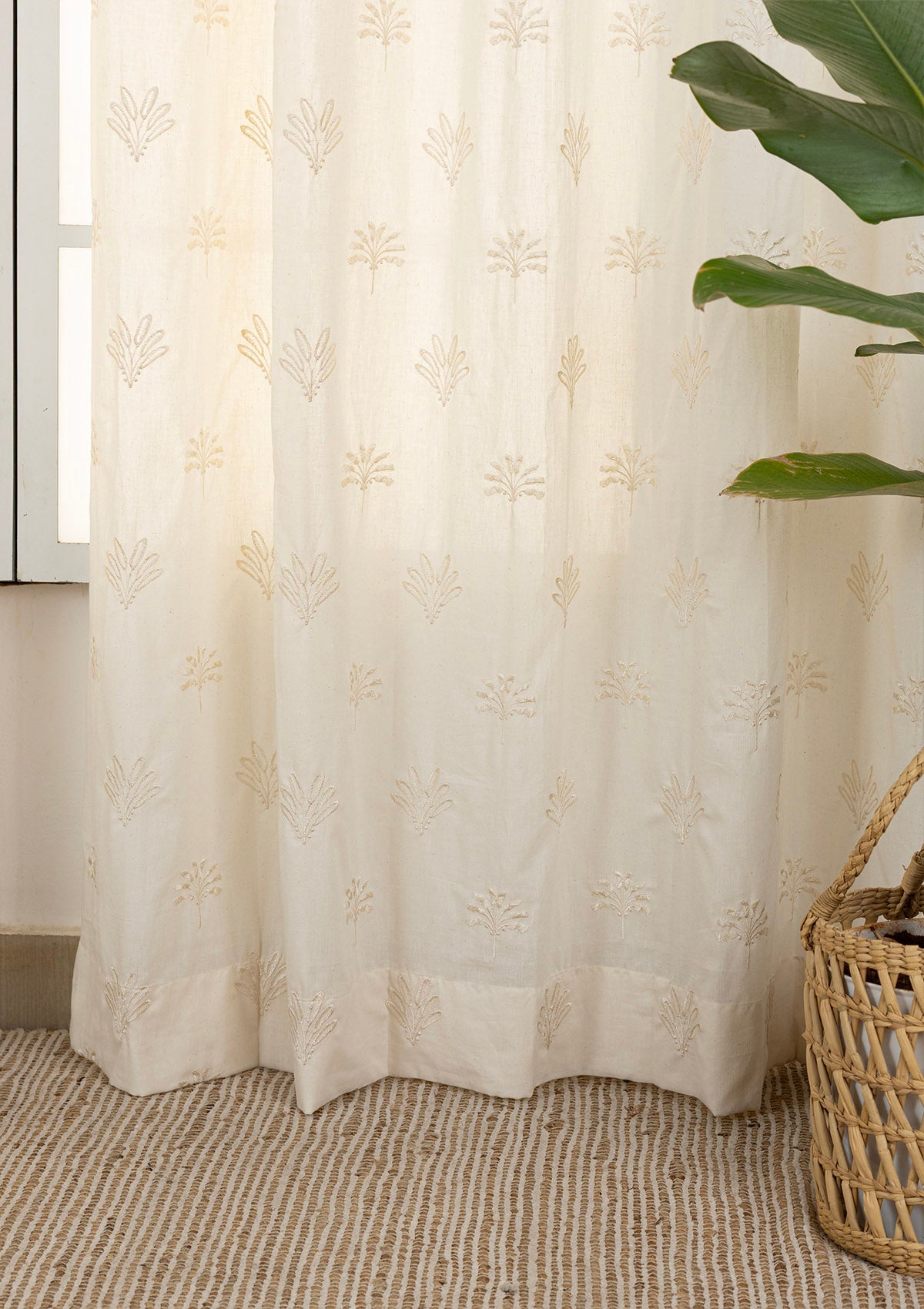 Silva Beige Embroidered 100% Cotton Sheer Curtain For Living Room | Light Reduction | Single Piece