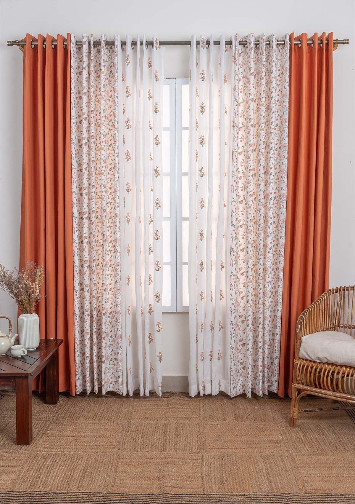 Solid Orange, forest bloom floral cotton curtain with Spring floral sheer 100% cotton curtains for living room - Set of 6