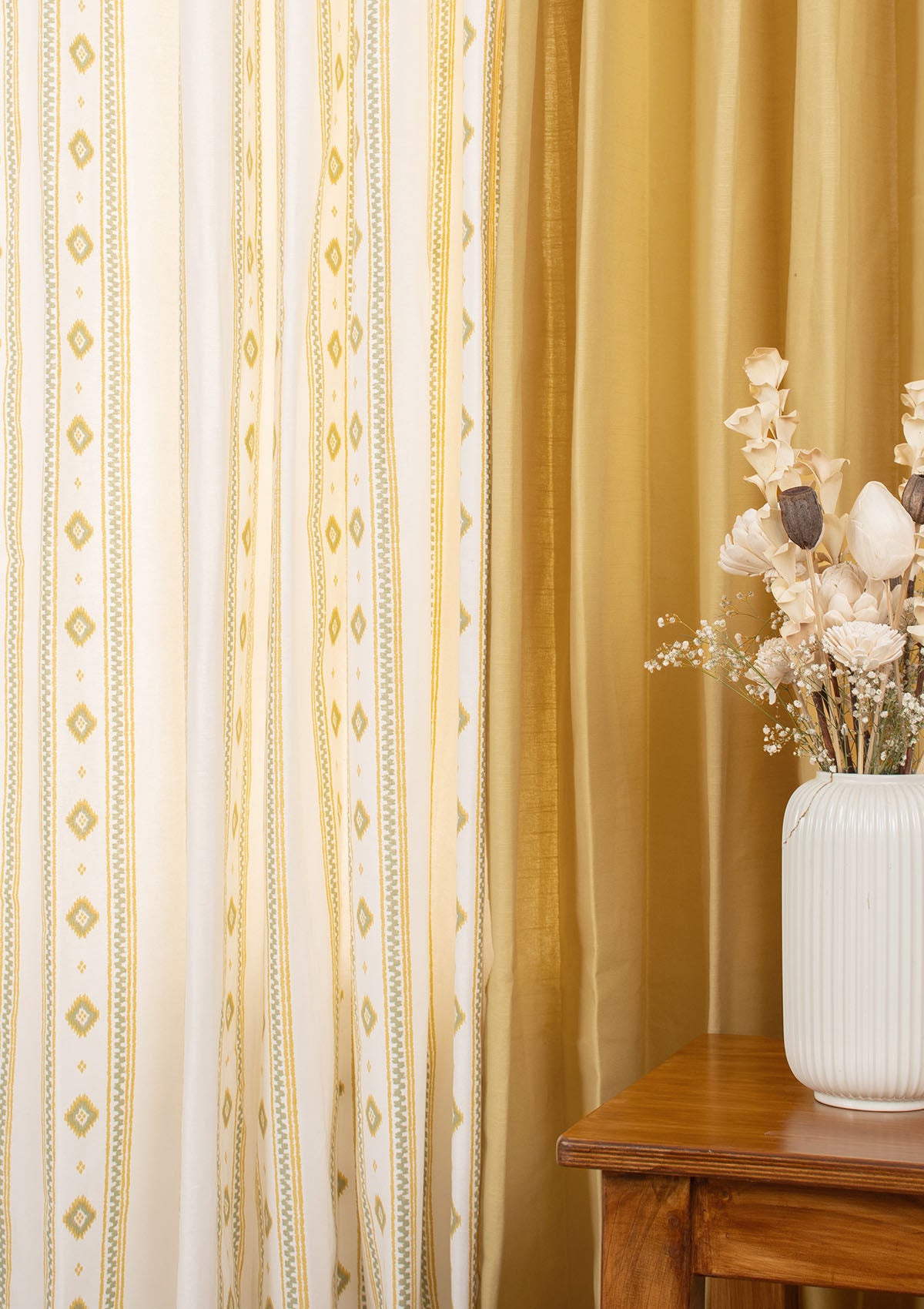 Solid Dusky Yellow Cotton and Echo Geometric Cotton 100% Cotton Light-Reduction Curtains for Living Room & Bedroom - Pack of 4