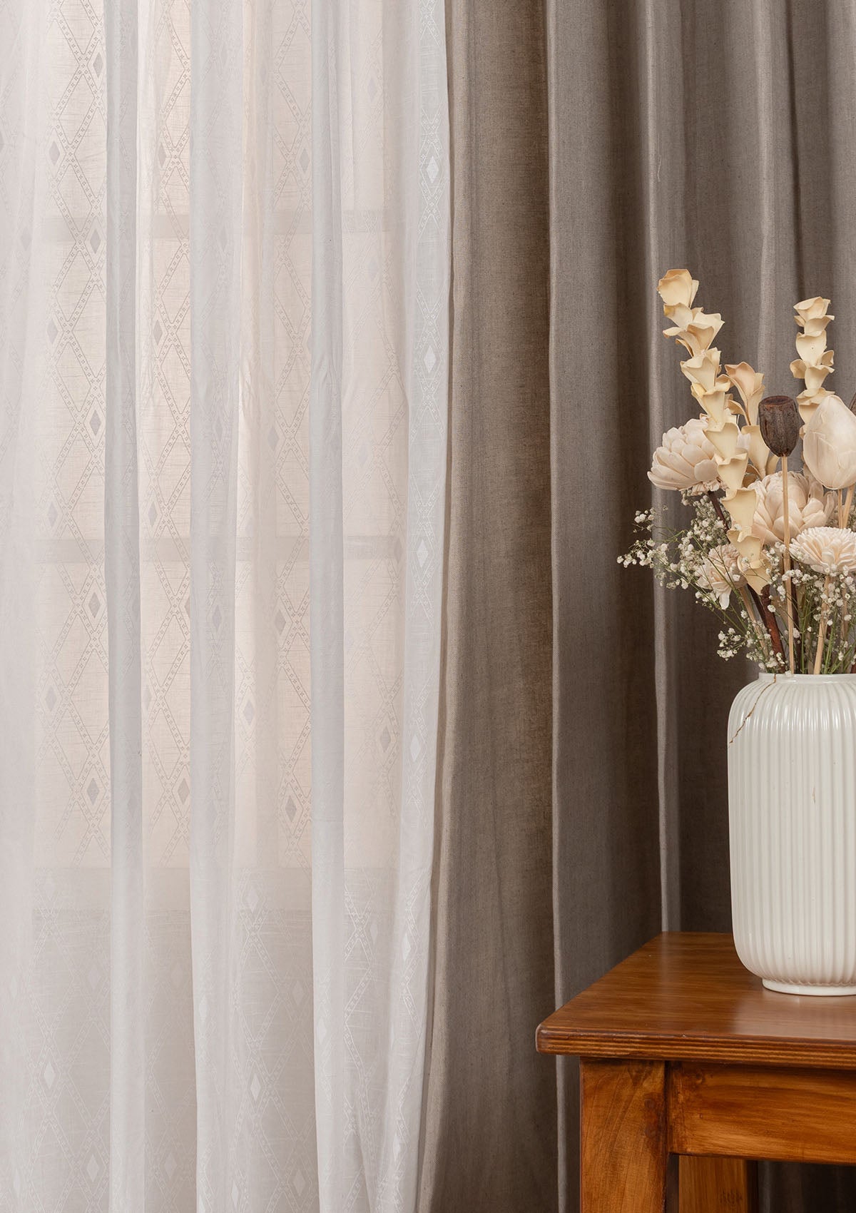 Solid Elephant Grey Linen Curtain with Haze Sheer - 100% Cotton Light-Reducing Curtains for Living Room & Bedroom - Pack of 4