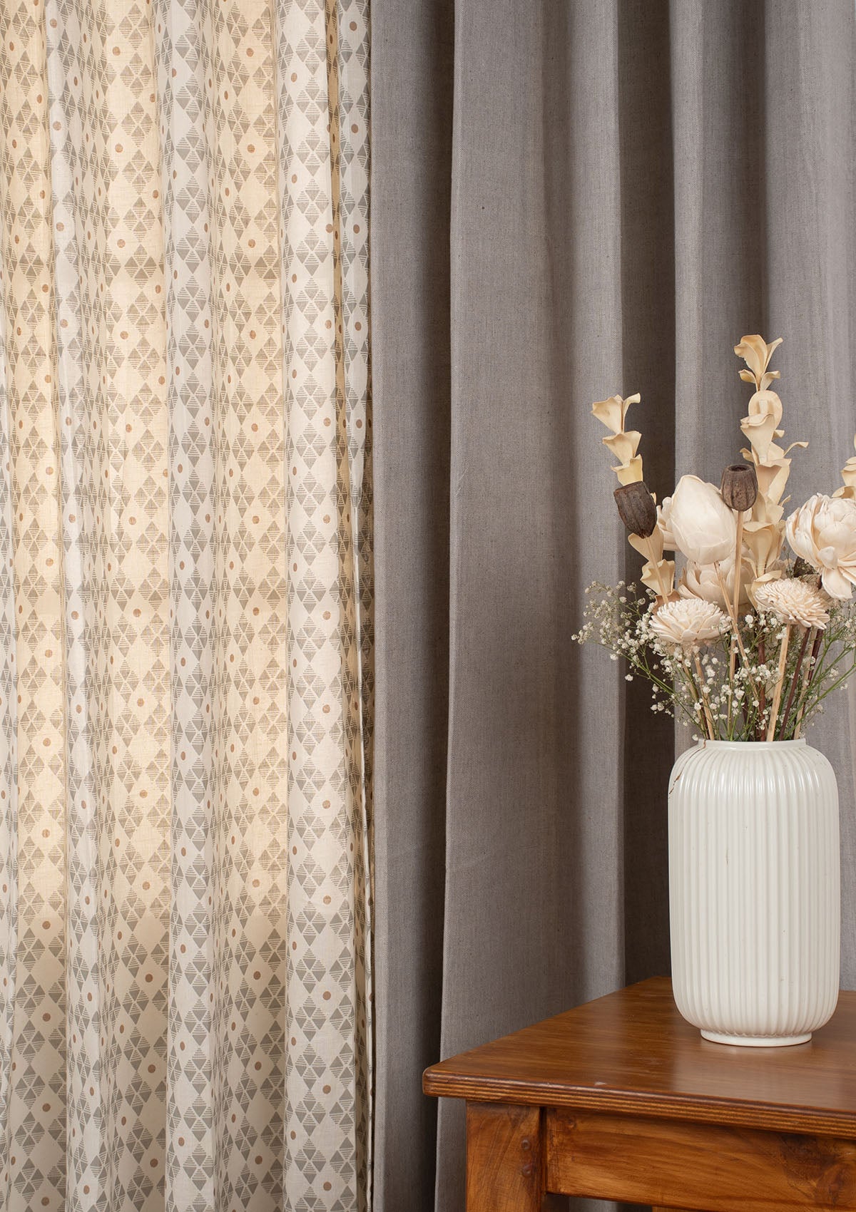 Solid Elephant Grey Linen Curtain with Mirage Geometric Sheer - 100% Cotton Light-Reducing Curtains for Living Room & Bedroom - Pack of 4