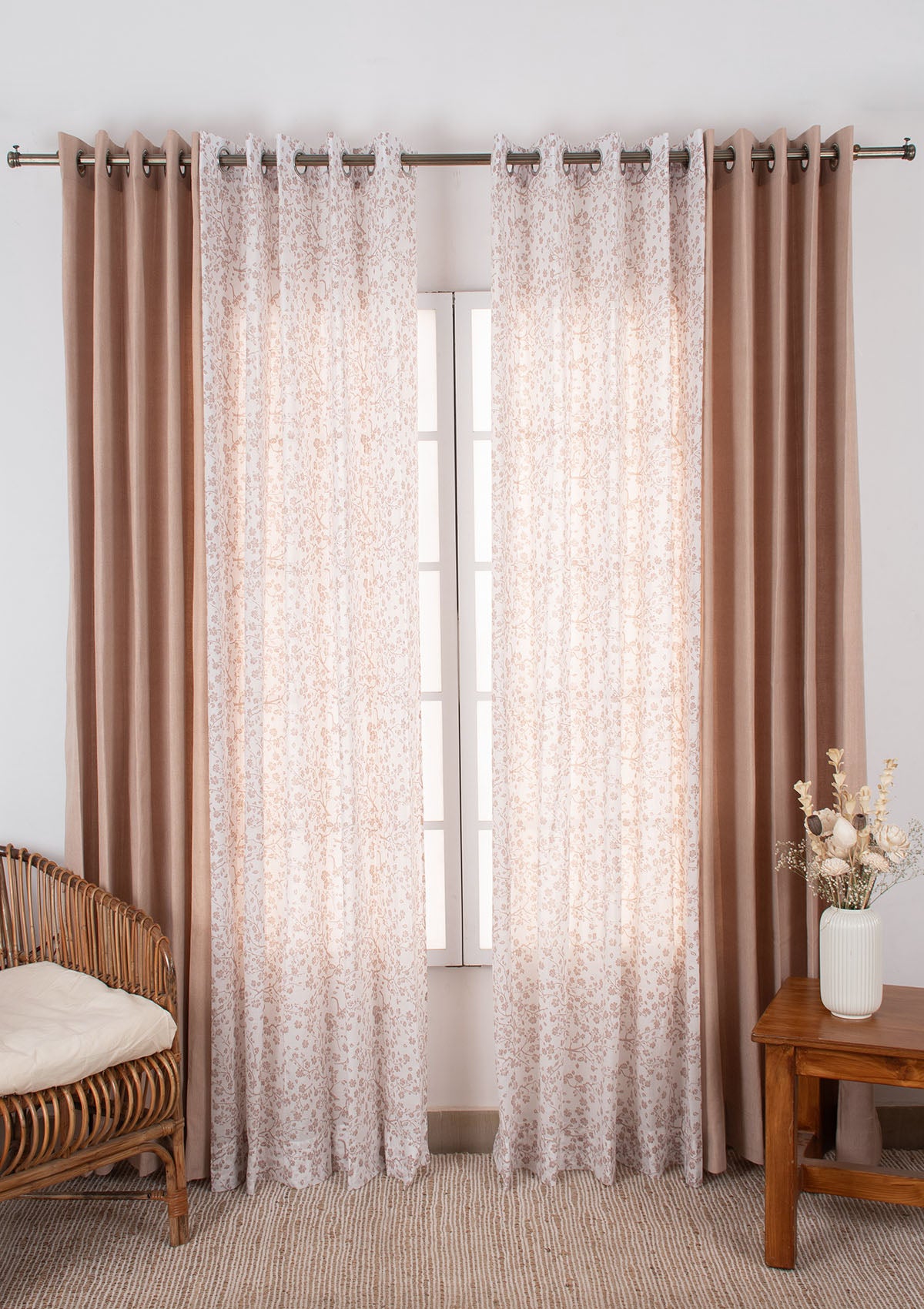 Solid Pink Sand Linen Curtain with Sakura Floral Sheer - 100% Cotton Light-Reducing Curtains for Living Room & Bedroom - Pack of 4