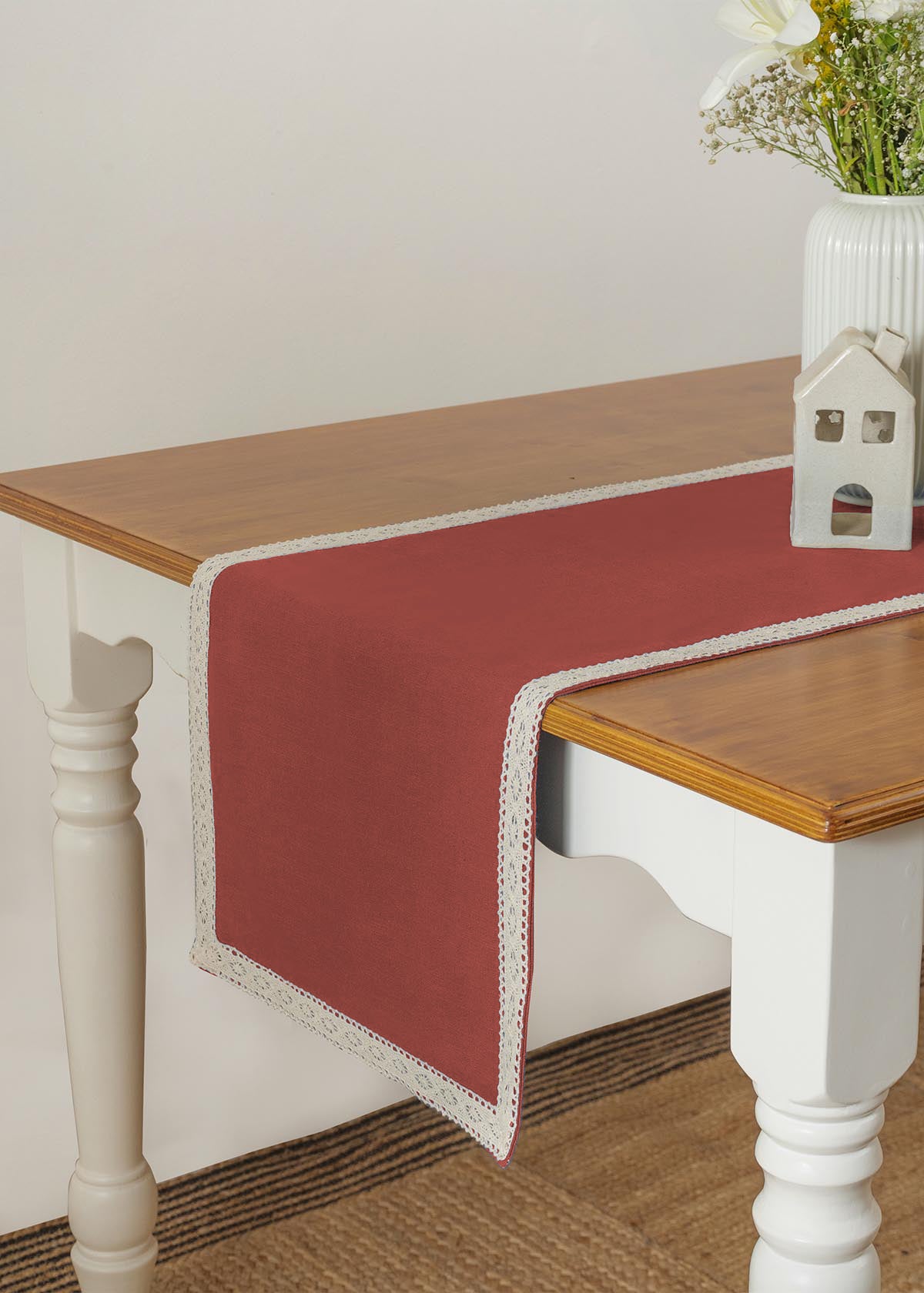 Solid Brick Red 100% cotton plain table runner for 4 seater or 6 seater dining with lace border - Brick red