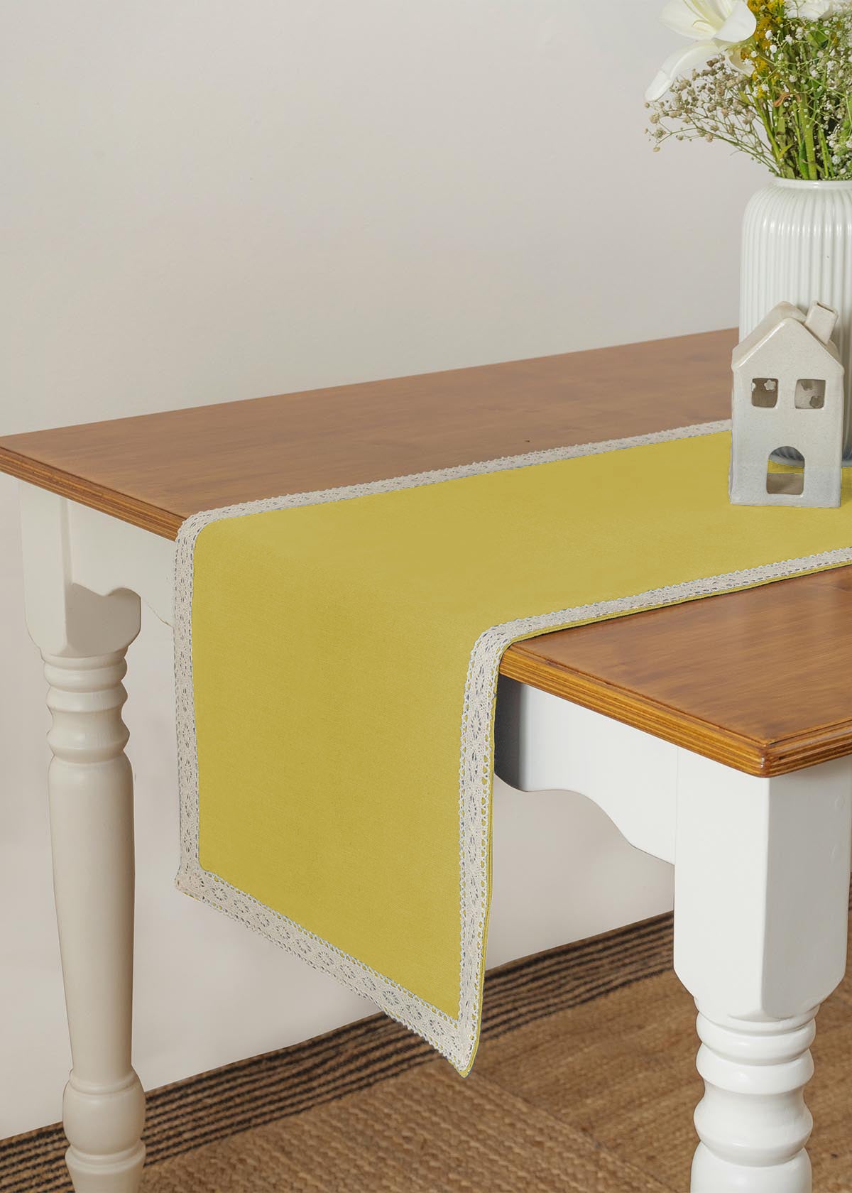 Solid Primrose yellow 100% cotton plain table runner for 4 seater or 6 seater dining with lace border - Yellow