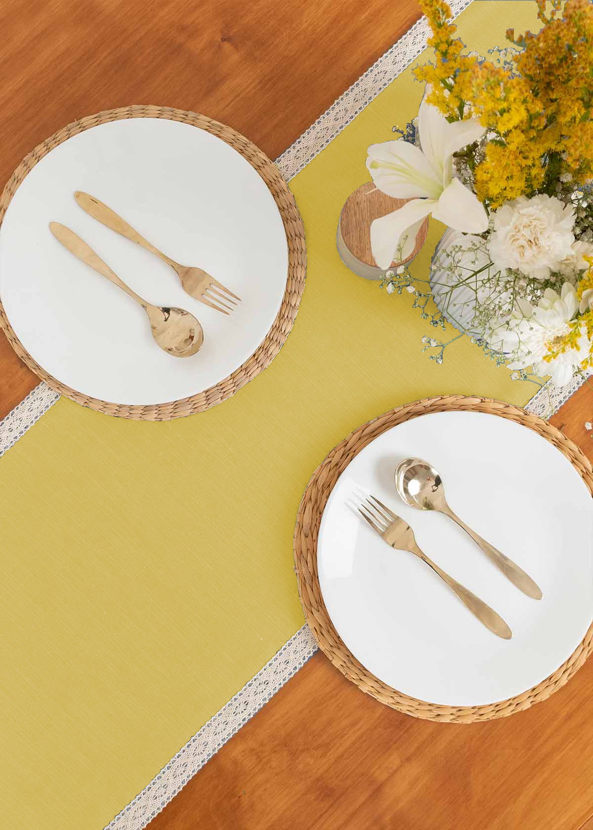 Solid Primrose yellow 100% cotton plain table runner for 4 seater or 6 seater dining with lace border - Yellow