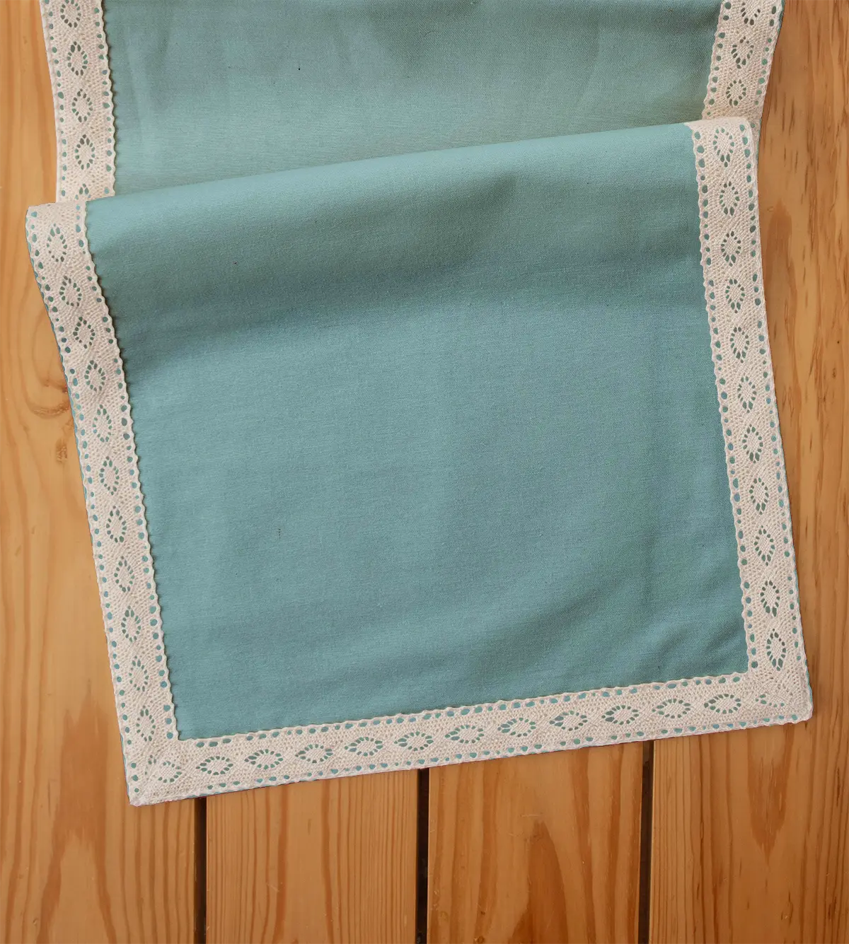 Solid aqua blue 100% cotton plain table runner for 4 seater or 6 seater dining with lace border