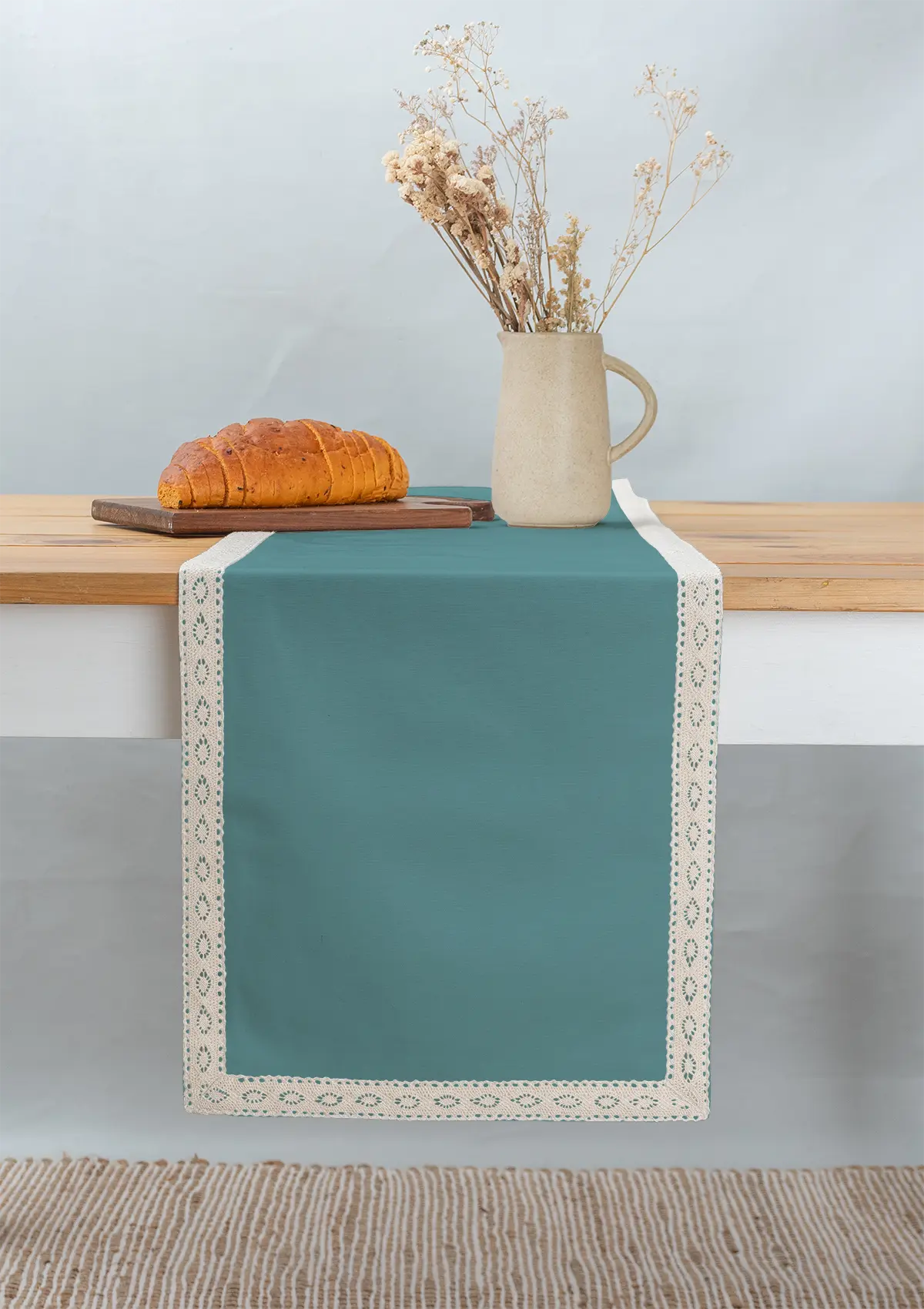 Solid aqua blue 100% cotton plain table runner for 4 seater or 6 seater dining with lace border