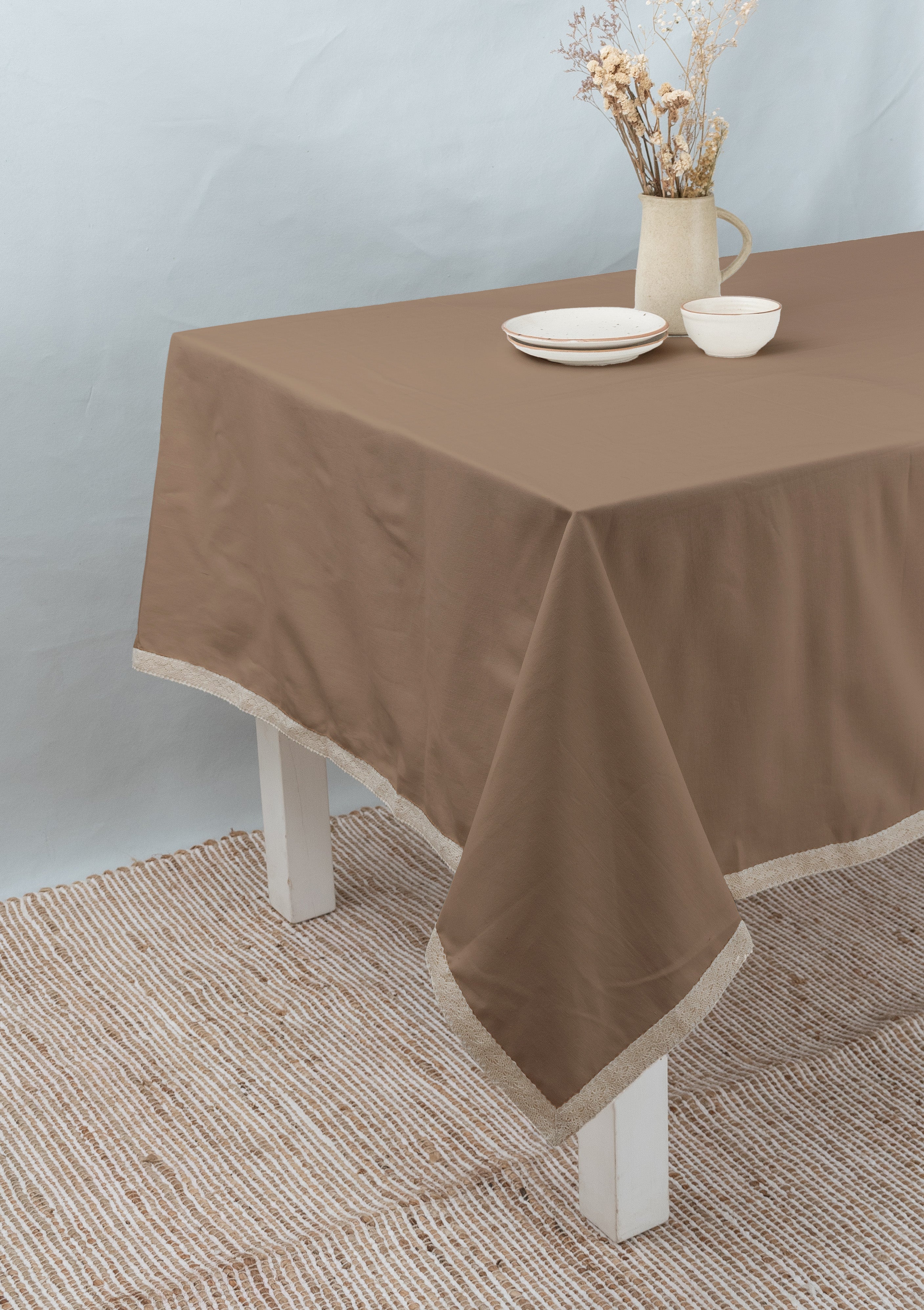 Solid chocolate brown 100% cotton plain table cloth for 4 seater or 6 seater dining with lace border