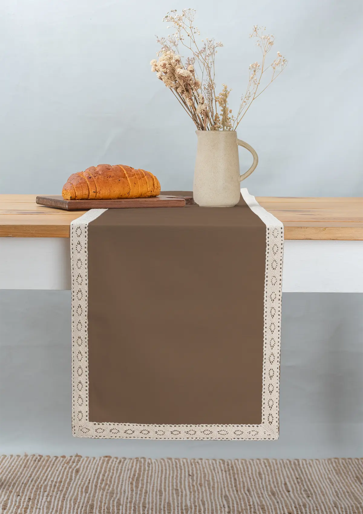 Solid chocolate brown 100% cotton plain table runner for 4 seater or 6 seater dining with lace border