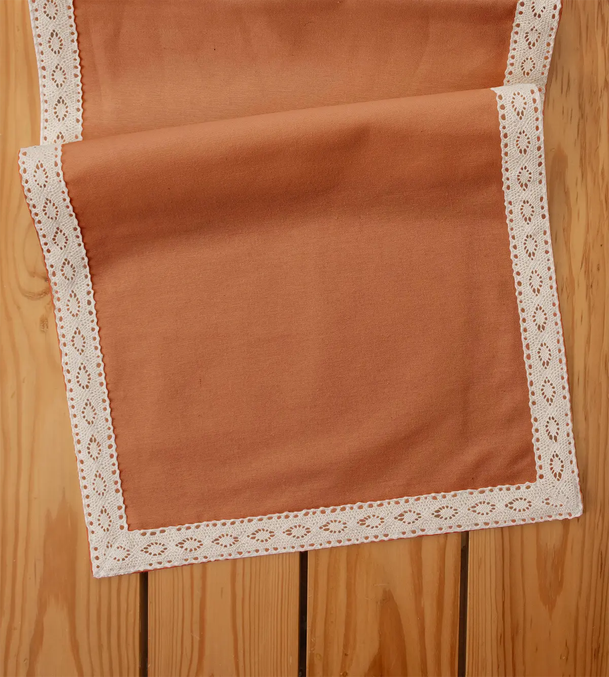 Solid orange 100% cotton plain table runner for 4 seater or 6 seater dining with lace border