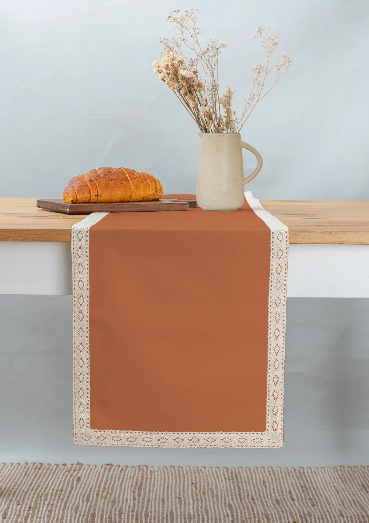 Solid orange 100% cotton plain table runner for 4 seater or 6 seater dining with lace border