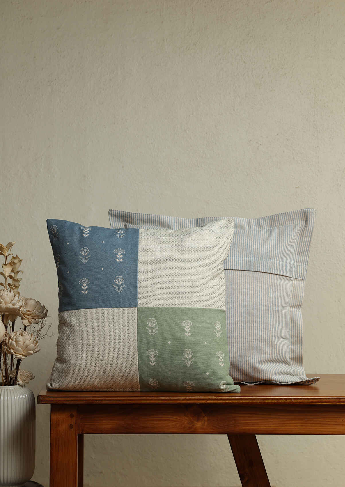 Sora & Fresca Printed |100% Cotton Cushion Covers for Sofa | Green & Blue | Pack of 2