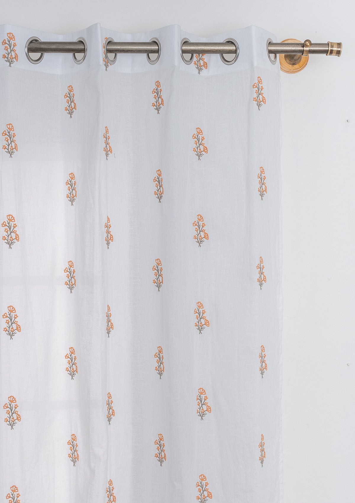 Spring 100% cotton embroidered floral sheer curtain for living room - Light filtering - Orange - Single - Single Piece