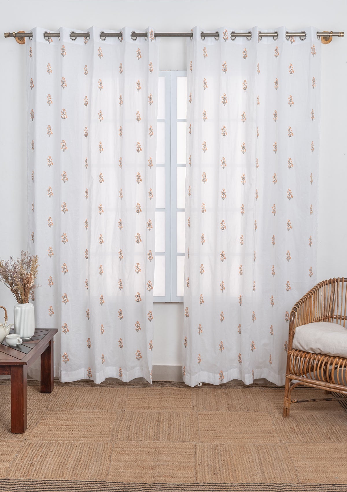 Spring 100% cotton embroidered floral sheer curtain for living room - Light filtering - Orange - Single - Single Piece