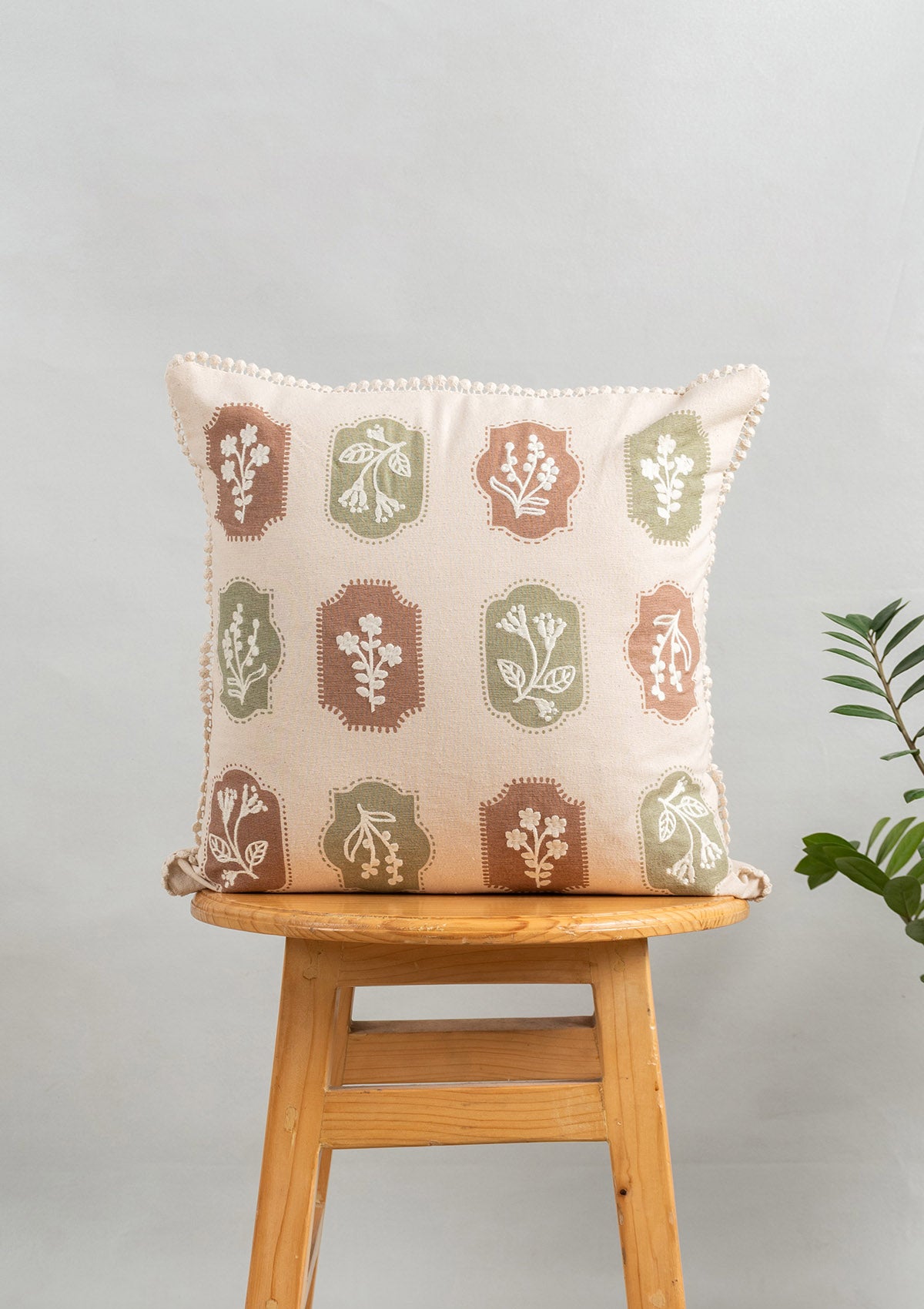 Stamps Embroidered Floral Motif 100% Cotton Cushion Cover for Sofa - Green and Rust