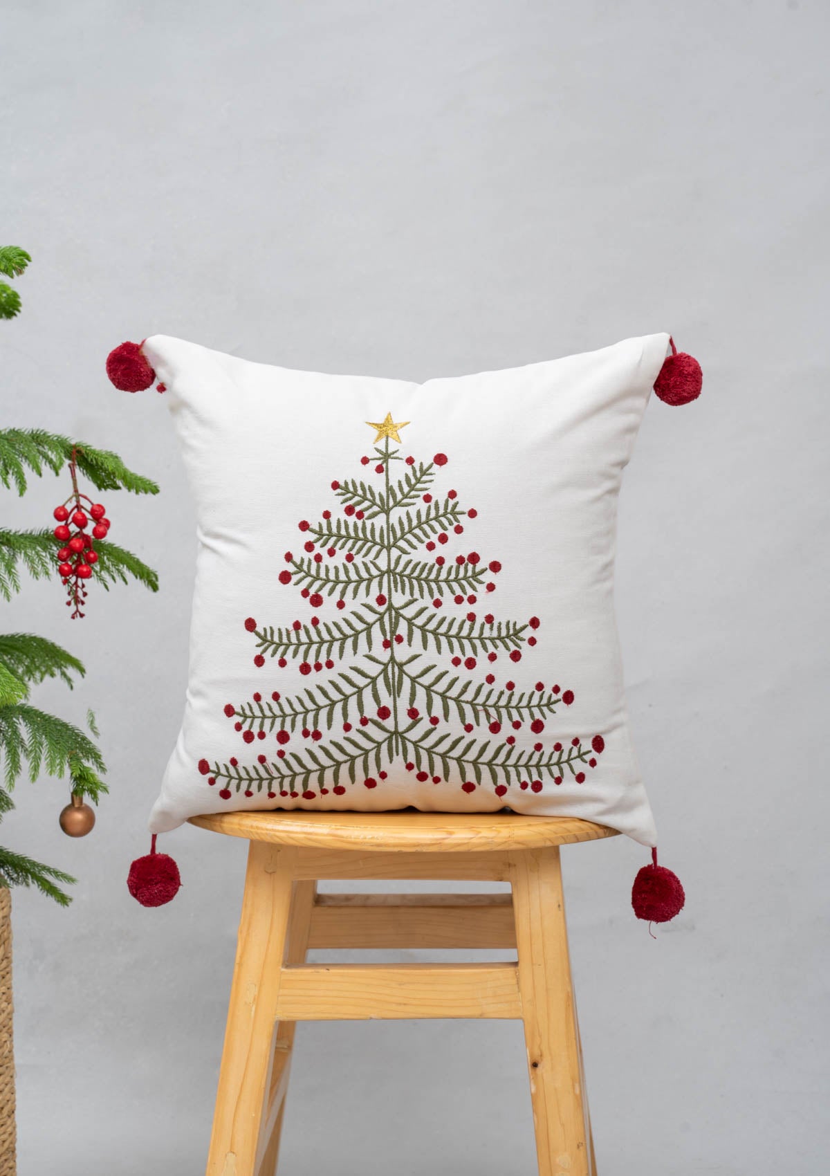 Starlit Cushion 100% cotton embroidered cushion cover for sofa with red pom pom - Multicolor